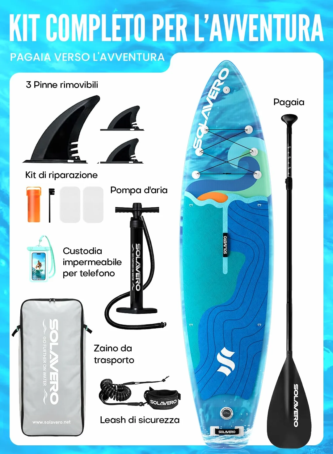 SOLAVERO Tavola da Sup Gonfiabile, 335 x 83 x 15 cm Tavola da Paddle con Antiscivolo EVA, Pagaia Regolabile, 3 Pinne, Surf Gonfiabile per Tutti i Livelli di Abilità, Fino a 200kg