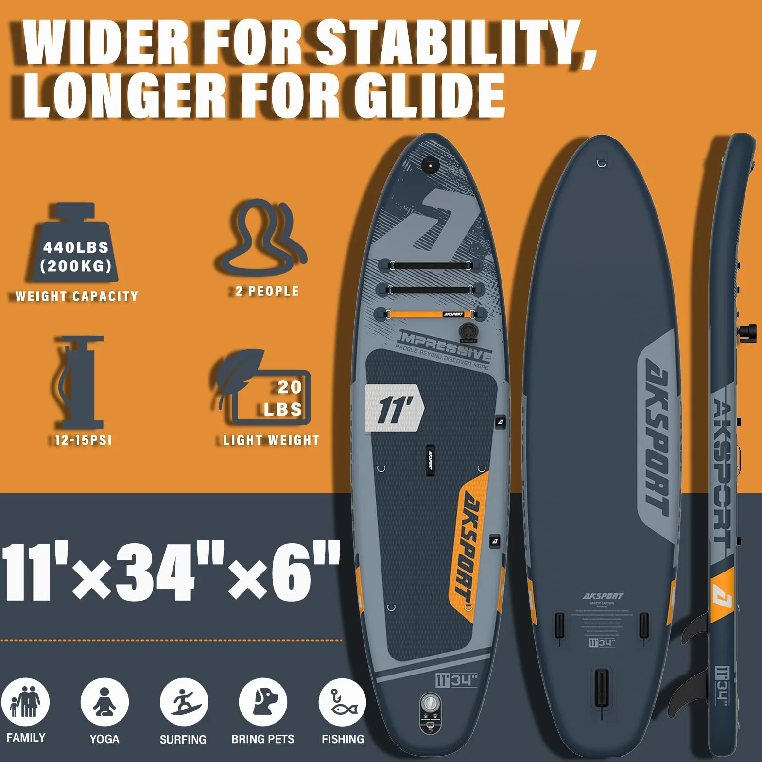 AKSPORT Tavola da Sup Gonfiabile 11' con Accessori Premium | Design Extra Largo 34" | Deck Antiscivolo | SUP per Adulti e Ragazzi di Tutti i Livelli