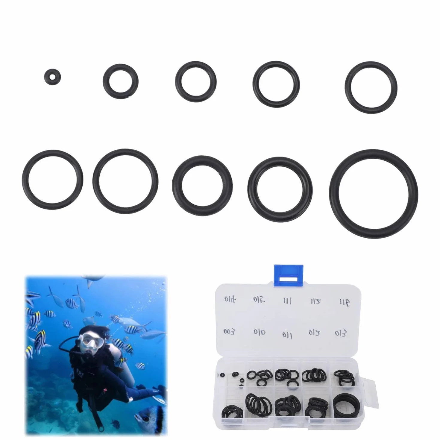 Kit O-ring per Immersione 50 Pezzi Plastica Duro 10 Dimensioni Scatola Trasparente Snorkeling Surf Subacqueo