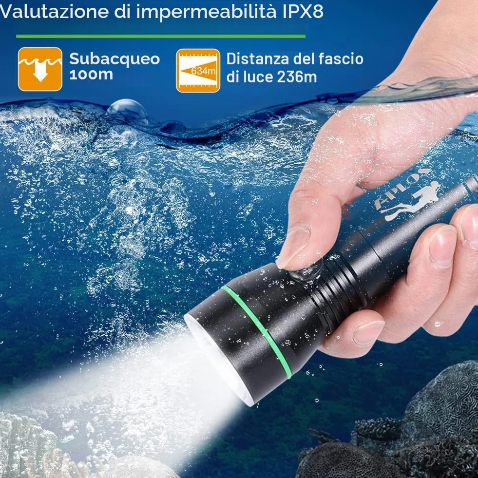 APLOS Torcia Elettrica Subacquea AP30 3000lm IPX8 Impermeabile Ricaricabile