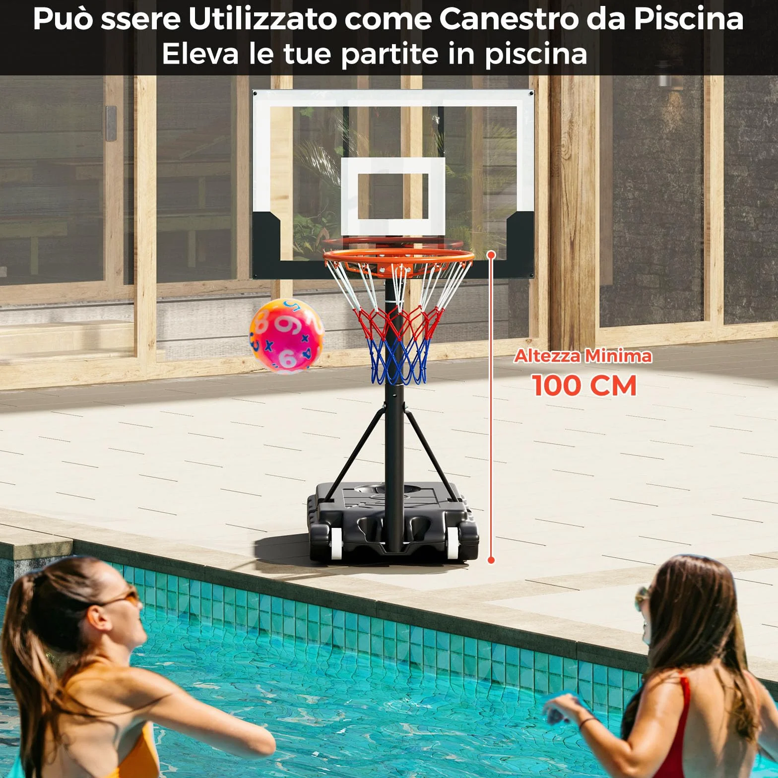COSTWAY Canestro da Basket Regolabile 100-212 cm, Portatile con Tabellone in PC, Base Riempibile e Ruote