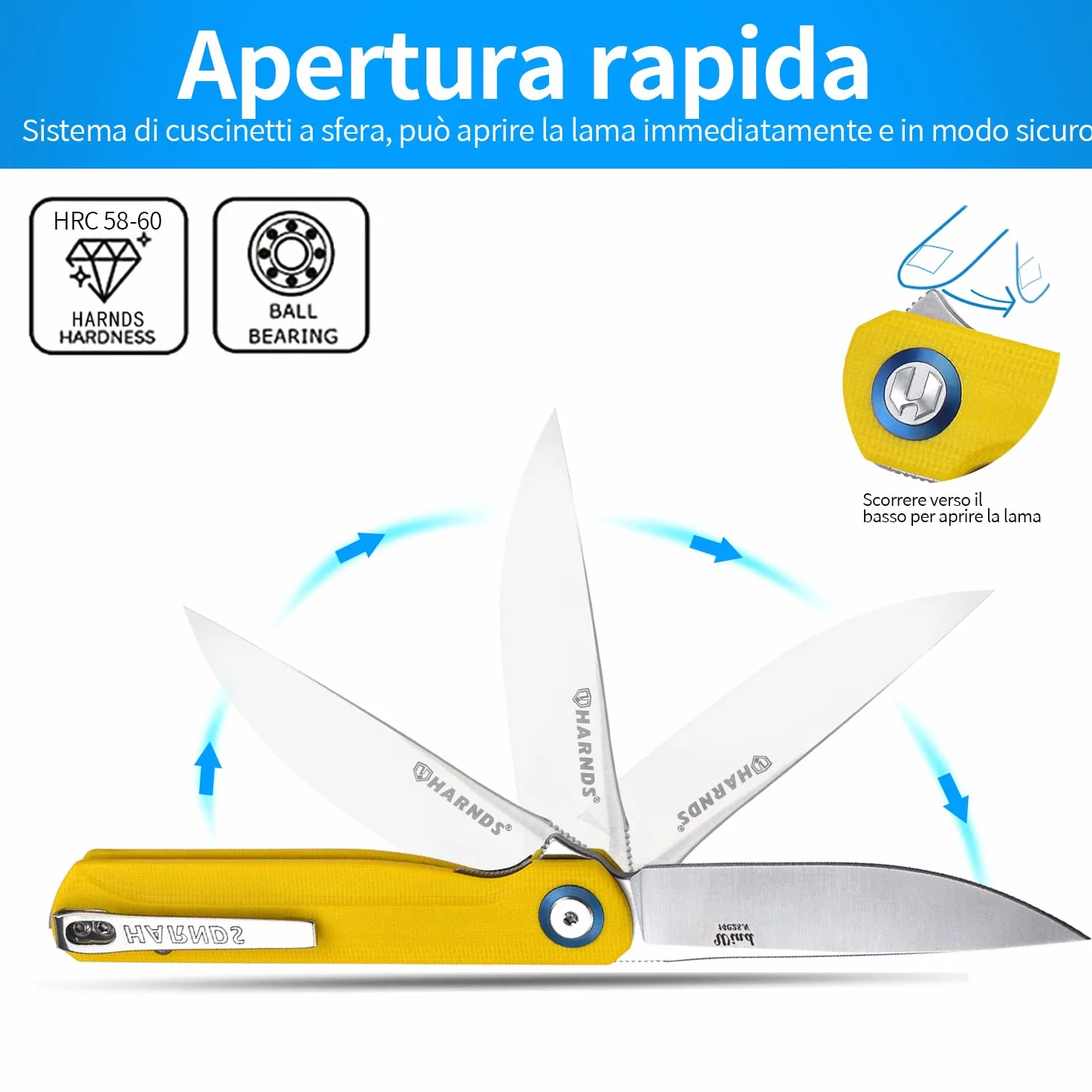 HARNDS Wind Coltello Pieghevole Tascabile Lama in Acciaio Sandvik con Manico G10, Coltello Serramanico Integrato Cuscinetto a Sfere per Caccia, Campeggio, Sopravvivenza(Giallo)
