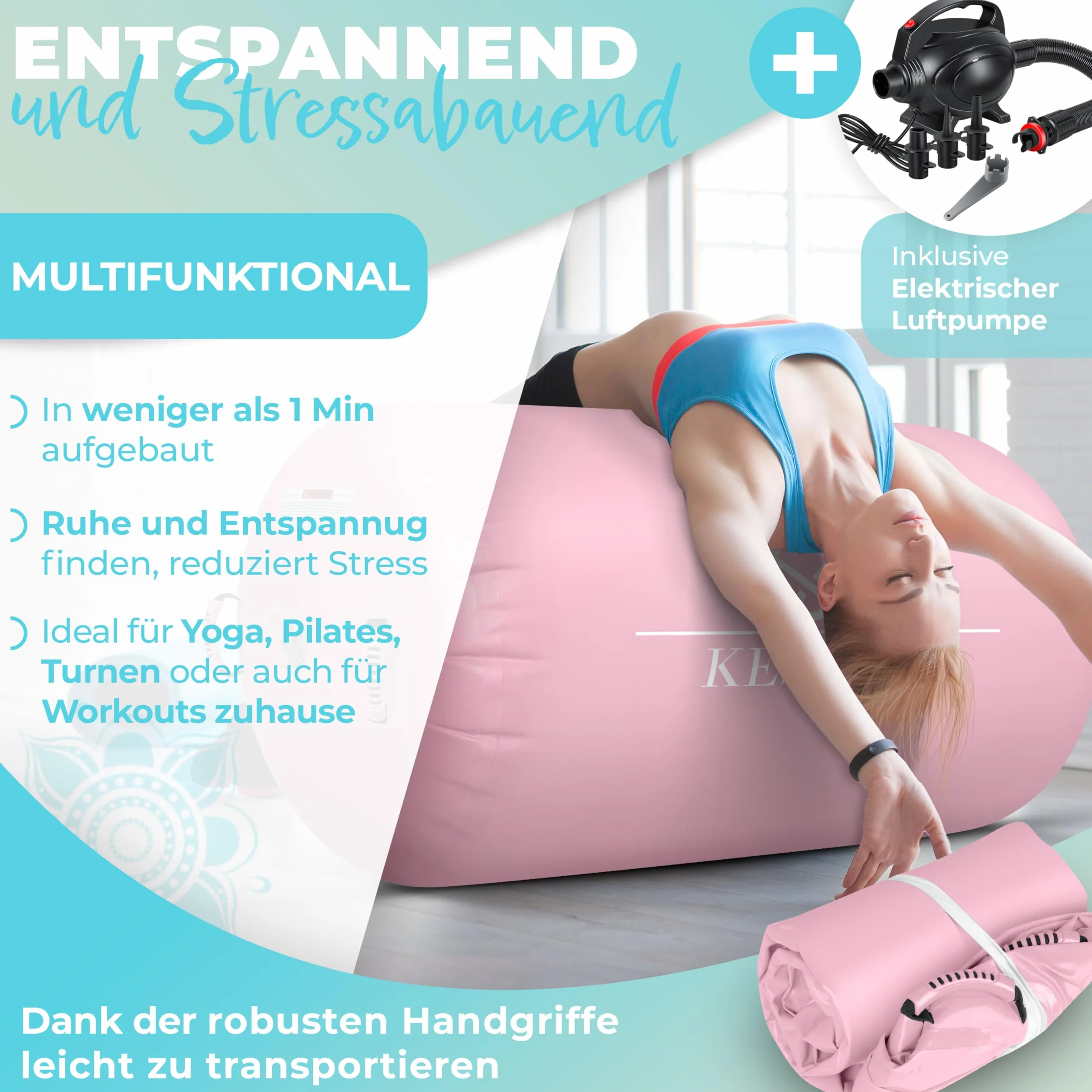 KESSER® Air Roll Airtrack, rullo gonfiabile, per ginnastica, con borsa per il trasporto e pompa ad aria, a barile, per la ginnastica, per lo yoga, per il fitness,