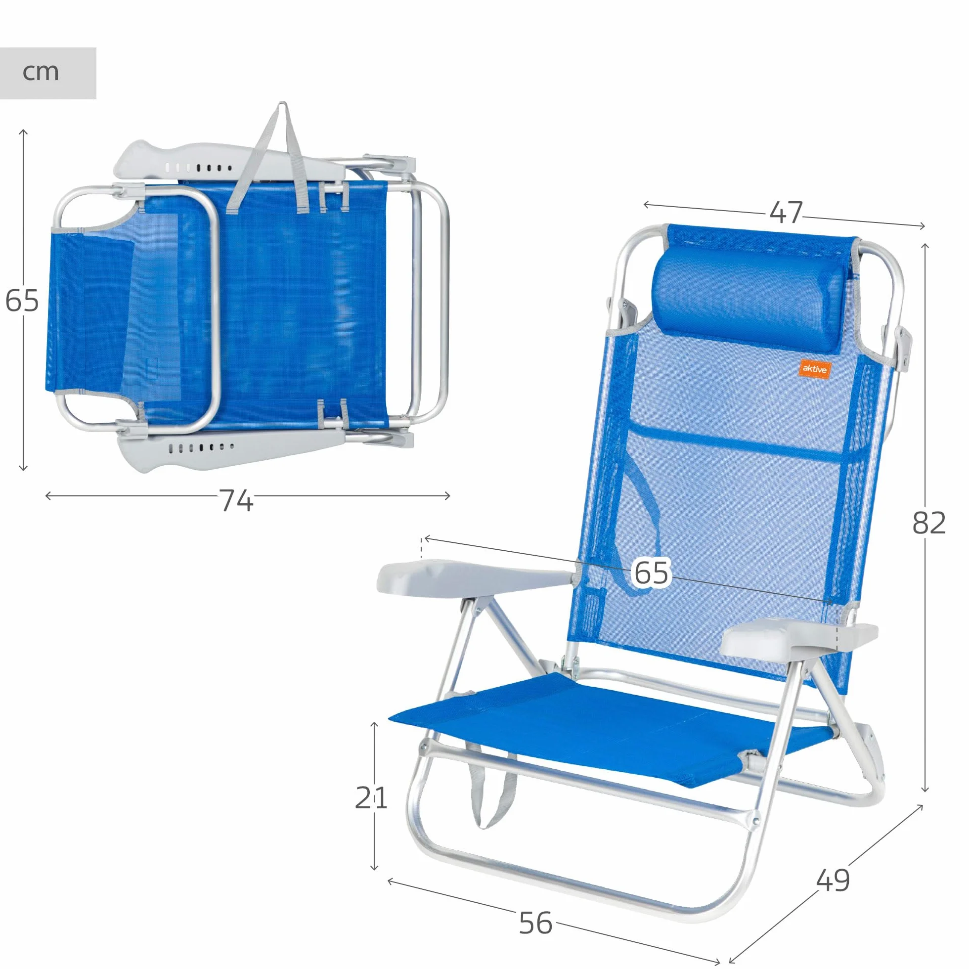 AKTIVE Sedia da spiaggia pieghevole 8 posizioni blu 48x49x82 cm cuscino imbottito 110 kg