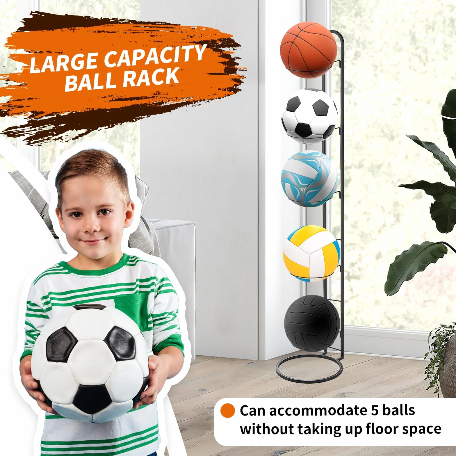 Porta Palloni da Basket 5 Livelli, Rastrelliera Verticale per Pallacanestro, Calcio e Pallavolo