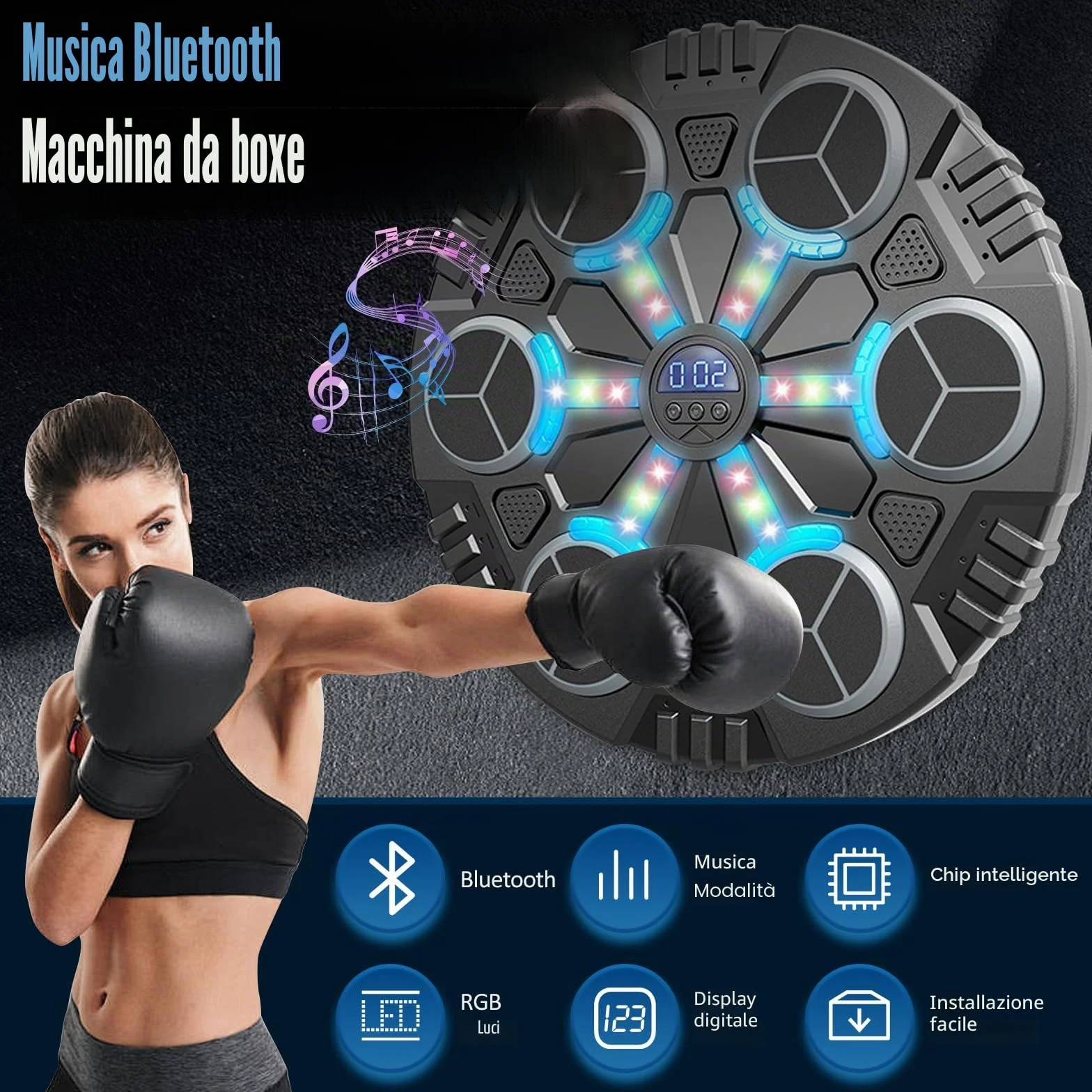 Machine de Boxe Musicale,LED Macchina da Boxe Musicale da Parete Pugile con Guanti da Boxe,3 modalità di velocità e modalità di Conteggio,Bluetooth Boxe Allenamento pour Enfants et Adultes