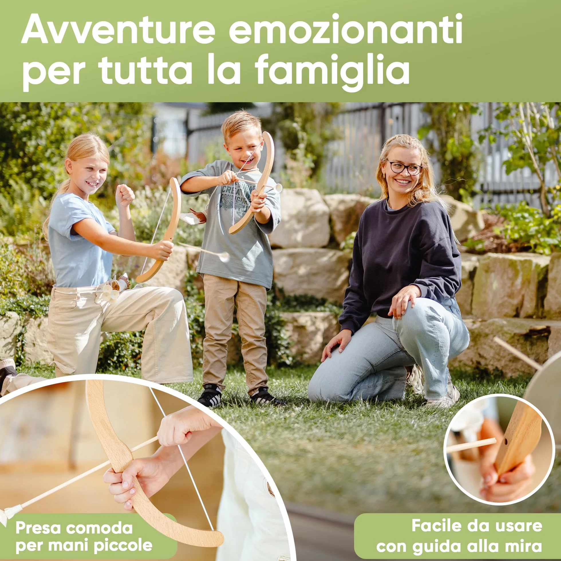 BOWRILLA® Set di Arco e Freccia per Bambini in Legno con 6 Frecce con Ventosa, Bersaglio e Faretra