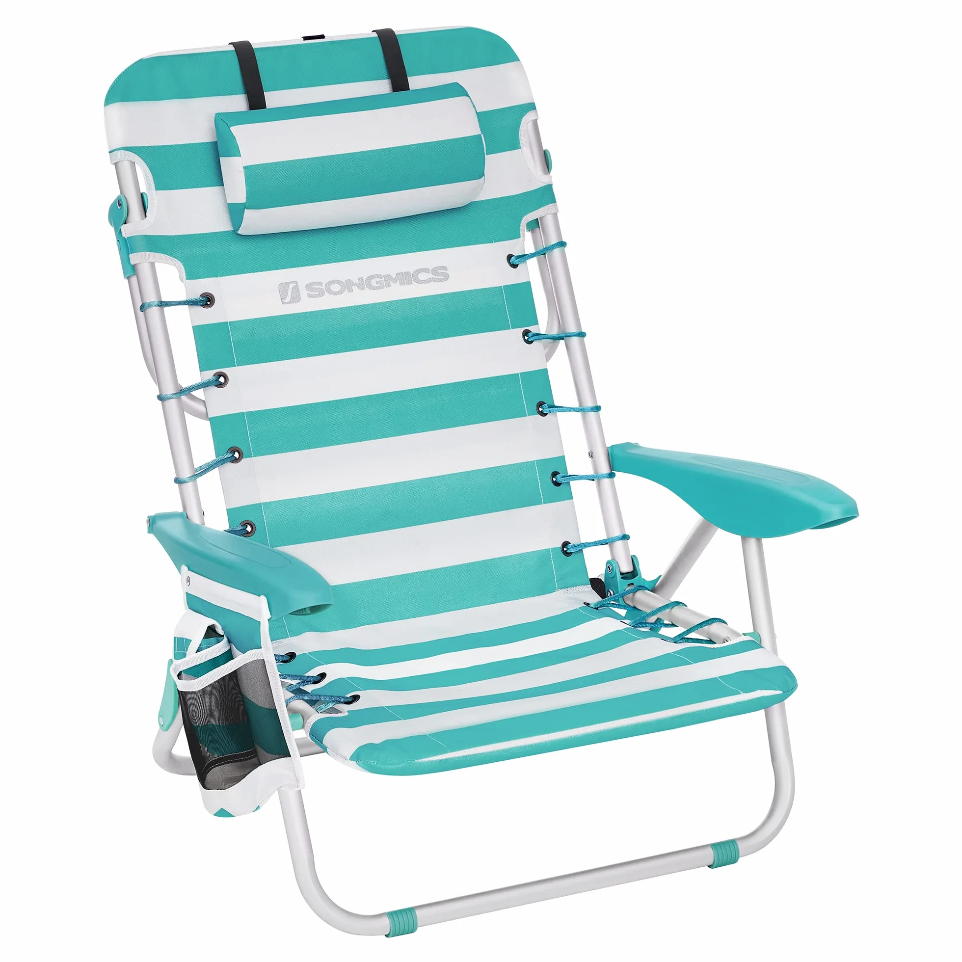 SONGMICS Sedia da spiaggia, sedia da campeggio pieghevole, con tracolla, schienale regolabile, poggiatesta, bracciolo, 2 tasche laterali, verde e bianco GCB62JW