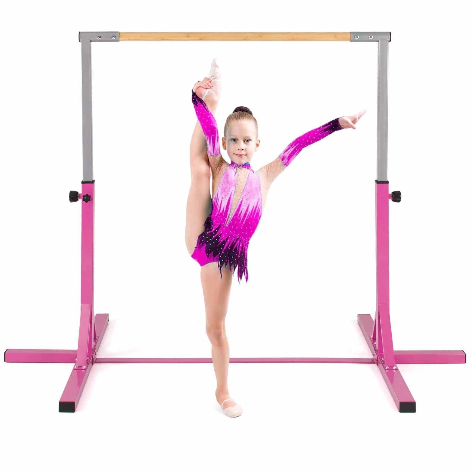 COSTWAY Sbarra per Ginnastica e Danza per Bambini, Barra in Metallo e Bambù Regolabile in Altezza 85-145 cm, Portatile con Cuscinetti Antiscivolo