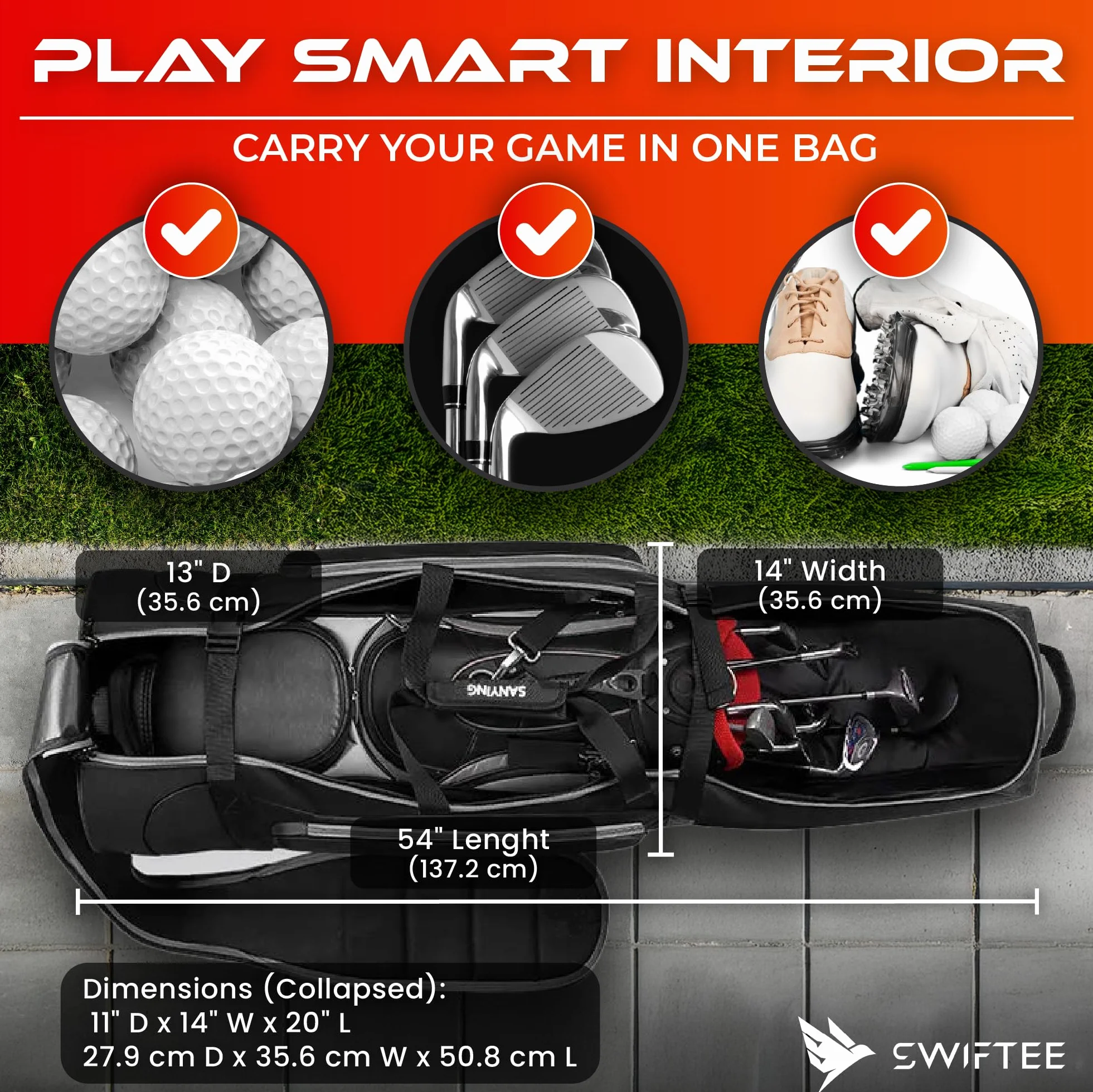 SWIFTEE Borsa da golf da viaggio di alta qualità con custodia rigida Swiftee Top & TSA Lock - Tessuto Oxford 1680D, ruote oversize, trasportino aereo leggero per la massima protezione del club