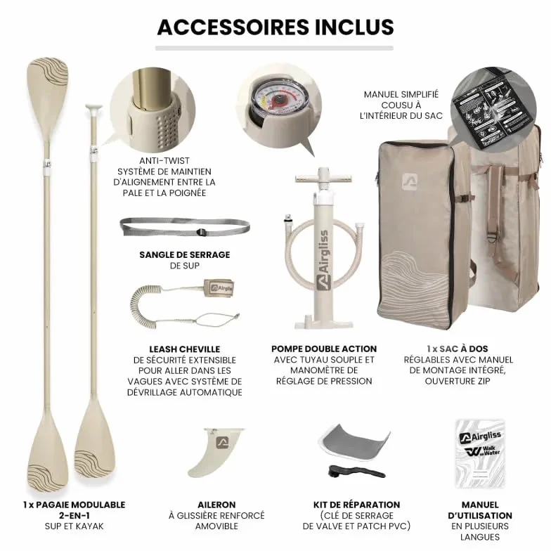 Paddle Gonfiabile AIRGLISS Moon 11.0 FINO A 2 Persone (Max. 170kg) | Adulto E Bambino | Stabile E Di Qualite | Completo di Tutti Gli Accessori: PAGAIA, GONFIORE, Borsa, ALLERON, Leash