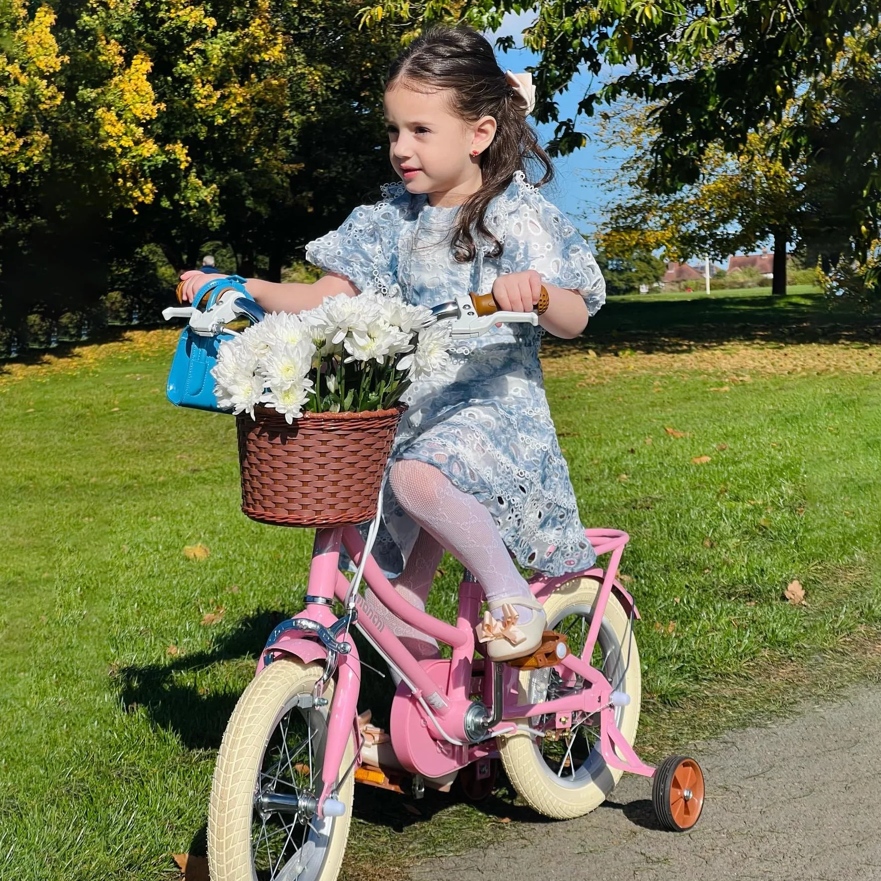 Bicicletta per bambini 12-18 pollici con cestino e ruote stabilizzatrici verde e rosa
