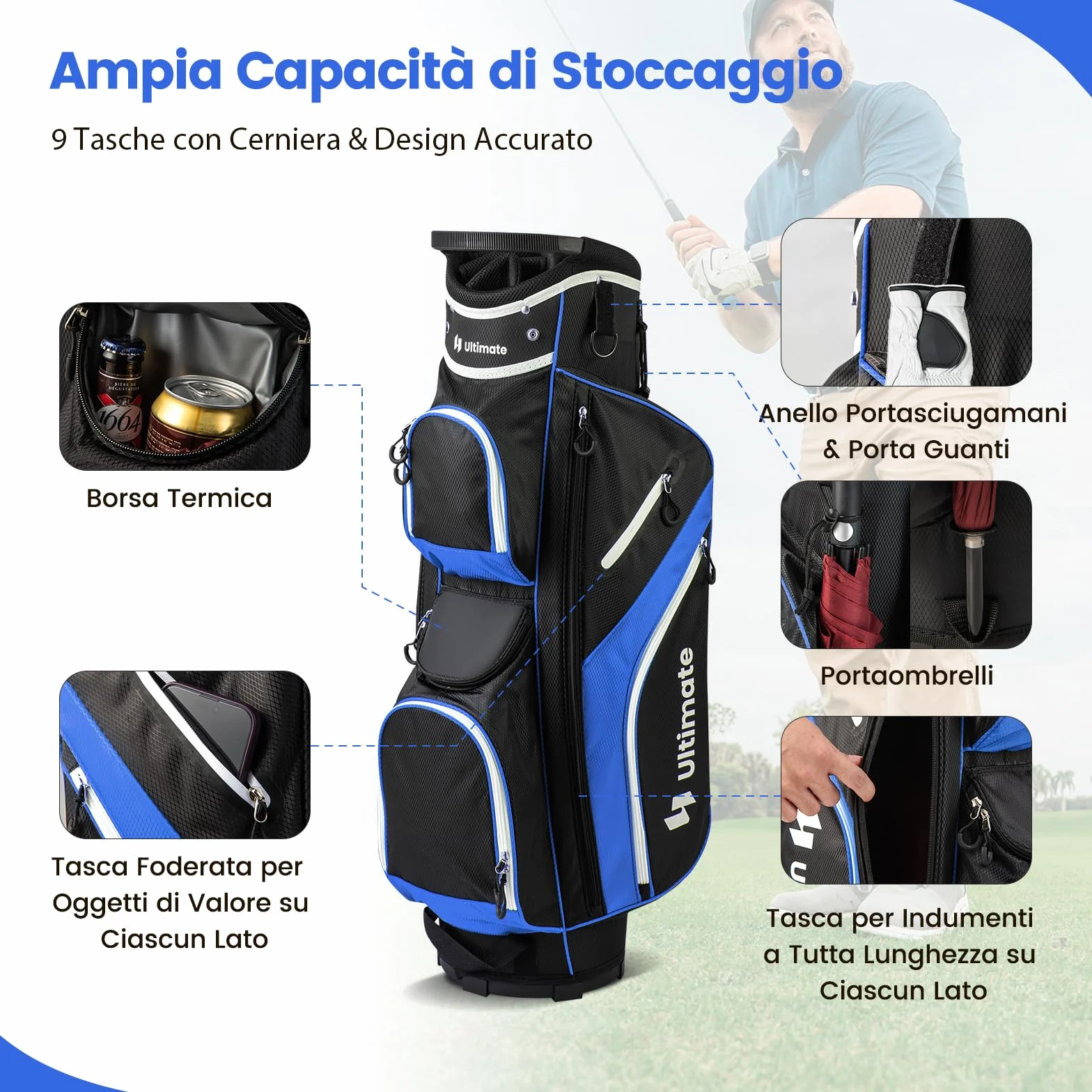 COSTWAY Borsa da Golf con Divisori Superiori a 14 Vie, 9 Tasche, Tasca Termica, Cappuccio Antipioggia