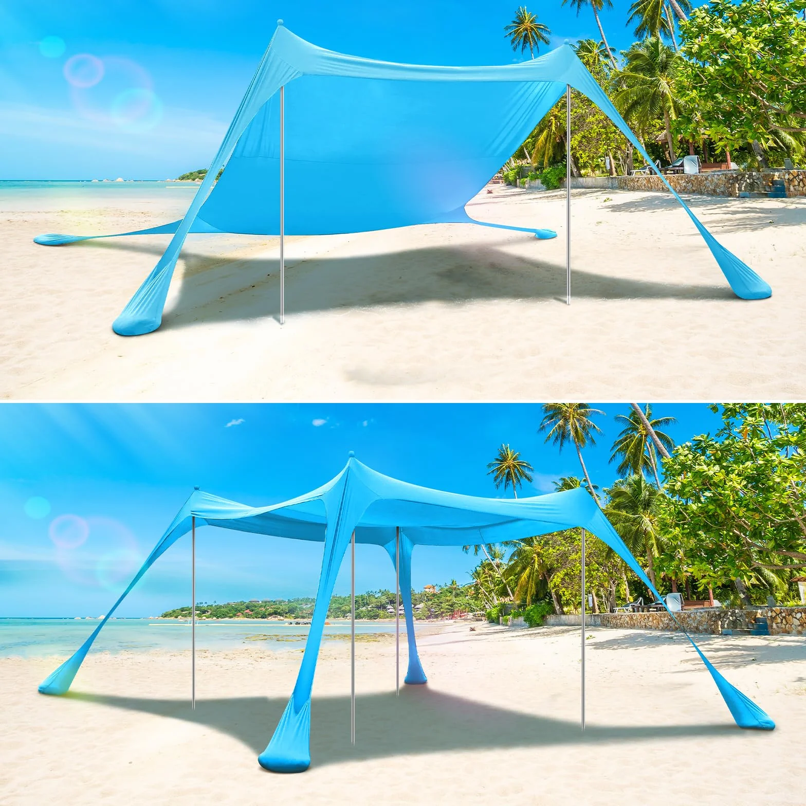 Sportneer - Tenda a baldacchino da spiaggia, tenda da spiaggia, parasole UPF50+, con 4 pali di stabilità, pala di sabbia e picchetti per spiaggia, campeggio, cortile, picnic all'aperto