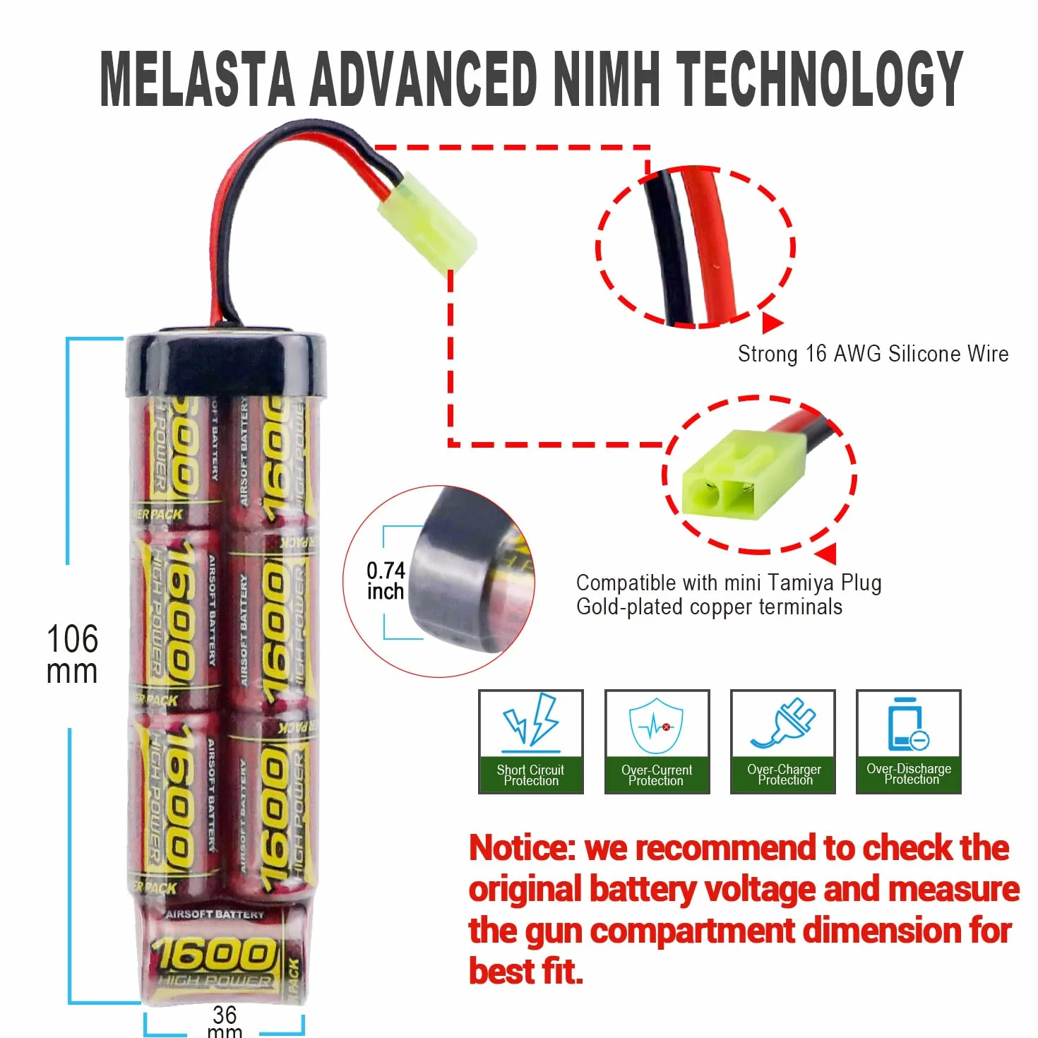 Batteria NiMH 8.4V 1600mAh per Airsoft MP5, M249, G36, M14 - 2 pezzi