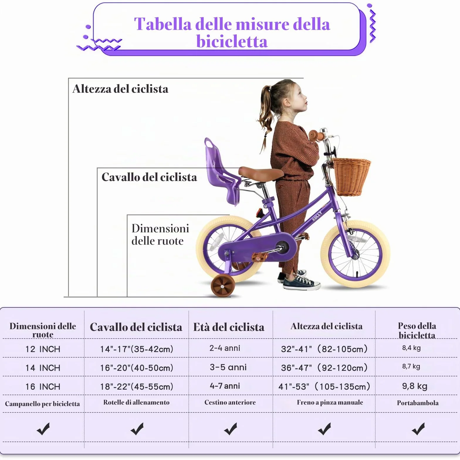 RULLY Bicicletta per Bambina 12 14 16 Pollici 2-7 Anni con Seggiolino per Bambola, Rotelle, Cestino e Nastri