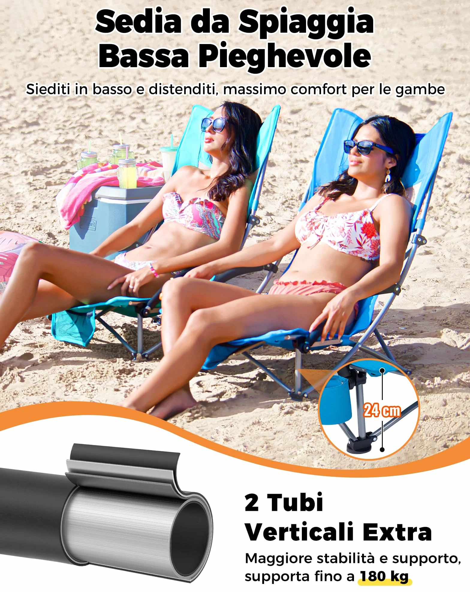 KingCamp Set di 2 Sedie da Spiaggia Pieghevoli Portata 180kg Cuscino Imbottibile Ciano