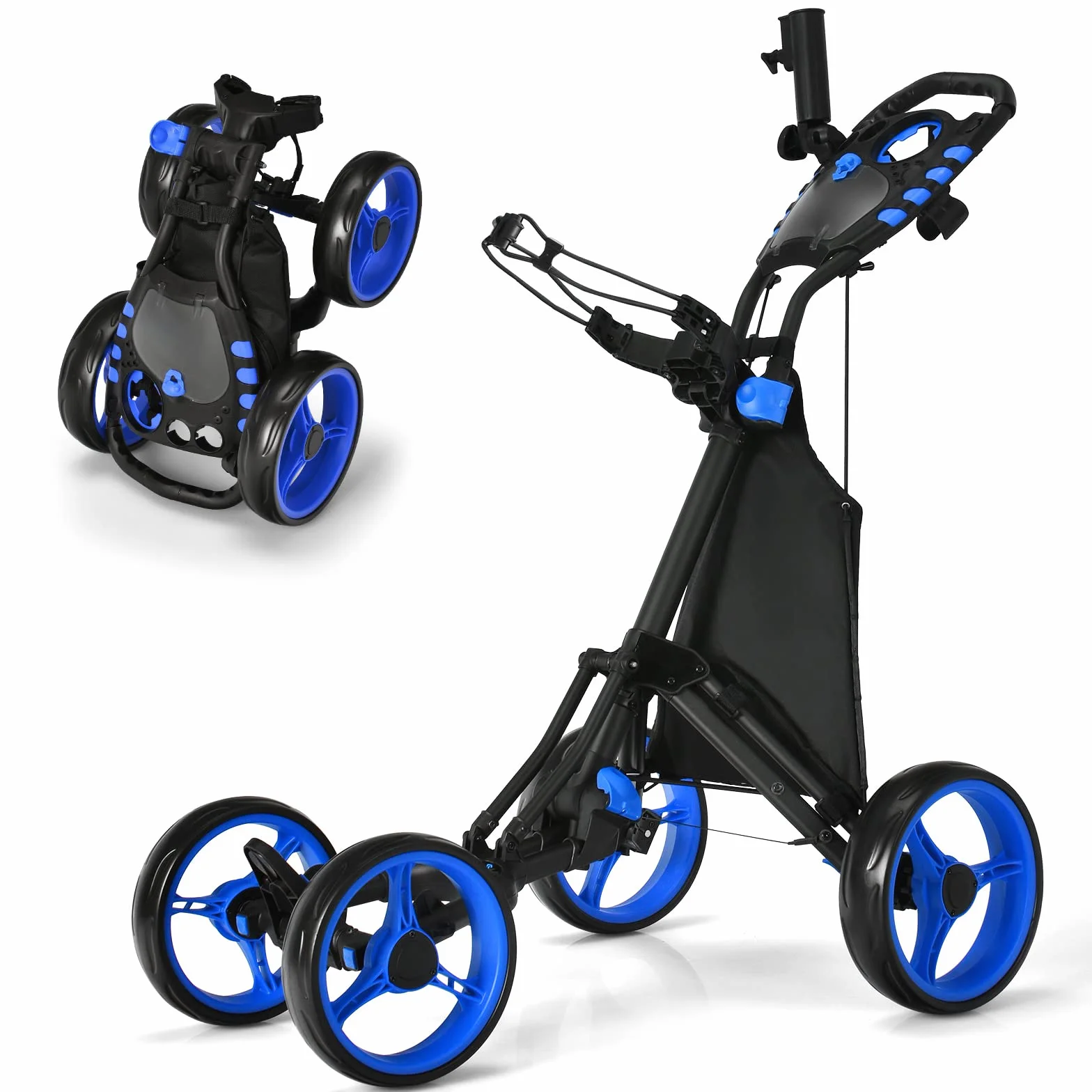 COSTWAY Carrello da Golf Pieghevole Leggero 4 Ruote con Borsa Impermeabile, Freno a Pedale, Porta Tazza e Porta Ombrello