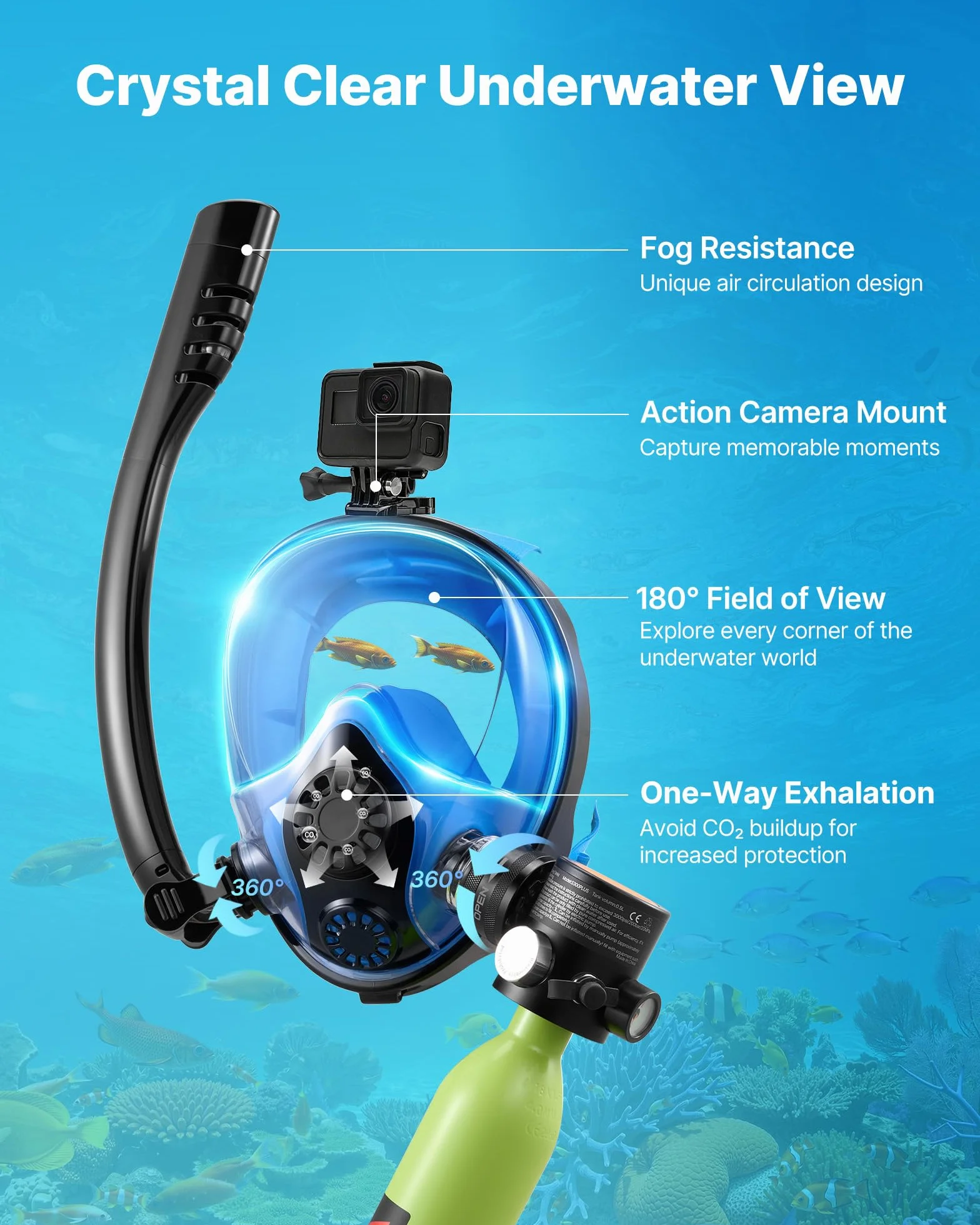 VEVOR Mini Bombola Subacquea, Set Bombola Portatile 0,5L con Maschera Integrale, Pompa Manuale ad Alta Pressione, Scuba Tank Autonomia 10 Minuti