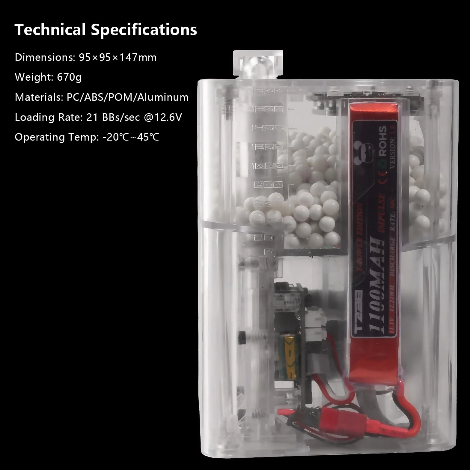 Softair Speedloader PRO: caricatore automatico caricatore, 21 BBS/s, OLED, capacità 1800rd, 4 adattatori, protezione antibloccaggio, inclusa batteria da 11,1 V 1100 mAh