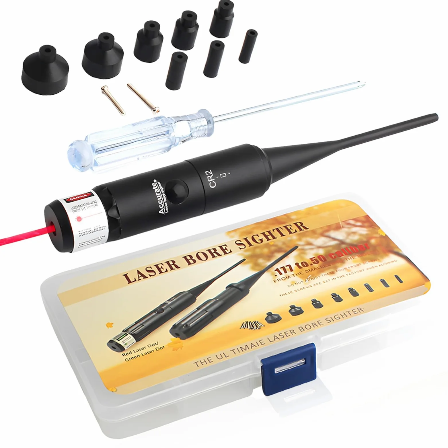 Bore Sighter, kit di visiera per trapano, calibro da .177 a .50 con scatola per il trasporto, leggero, boresight, nero, opaco, lega di alluminio di alta qualità, collimatore boresight punto rosso per