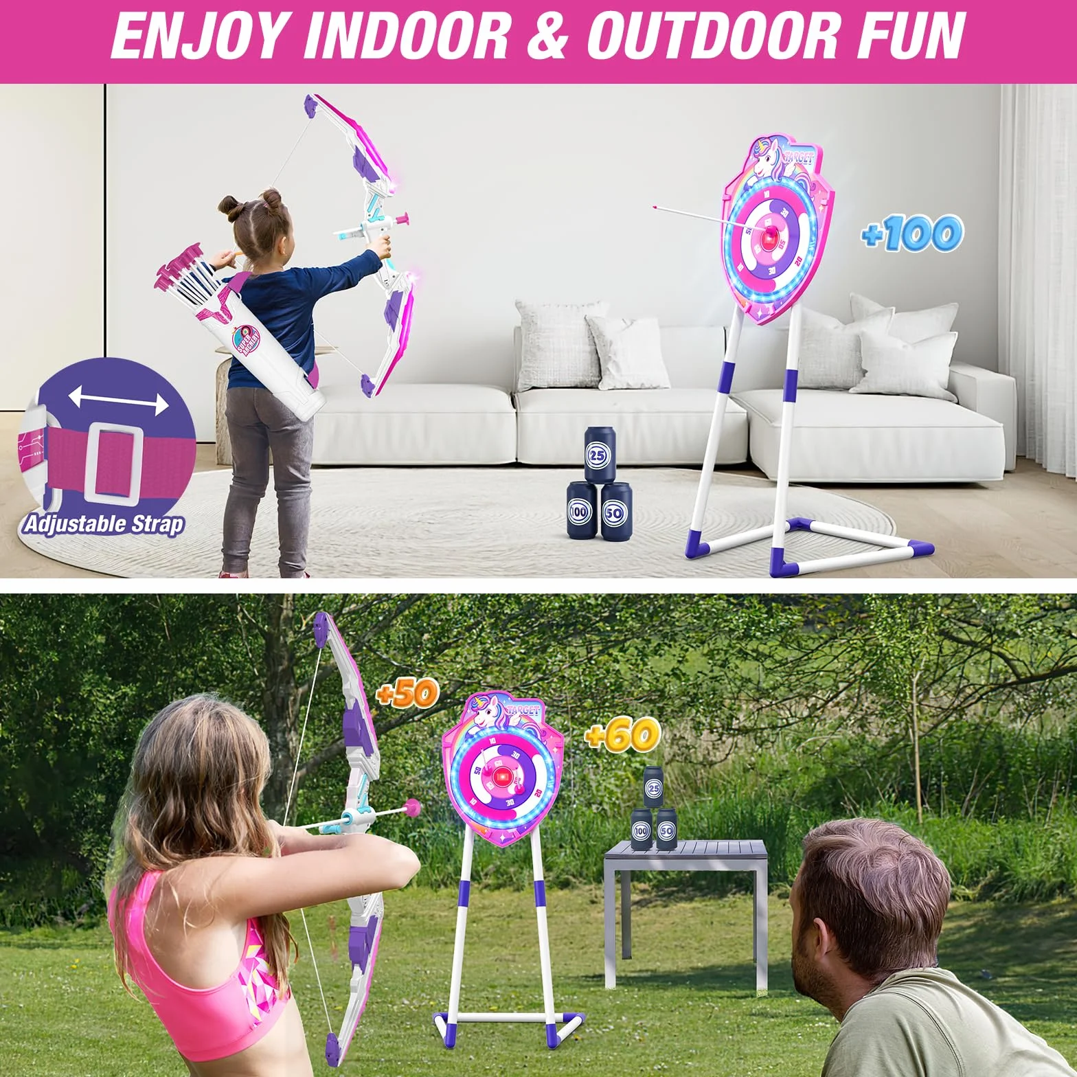 HYES Arco e Frecce per Bambini con Luci LED, Set Giocattoli Tiro con l'Arco con Ventose e Bersaglio