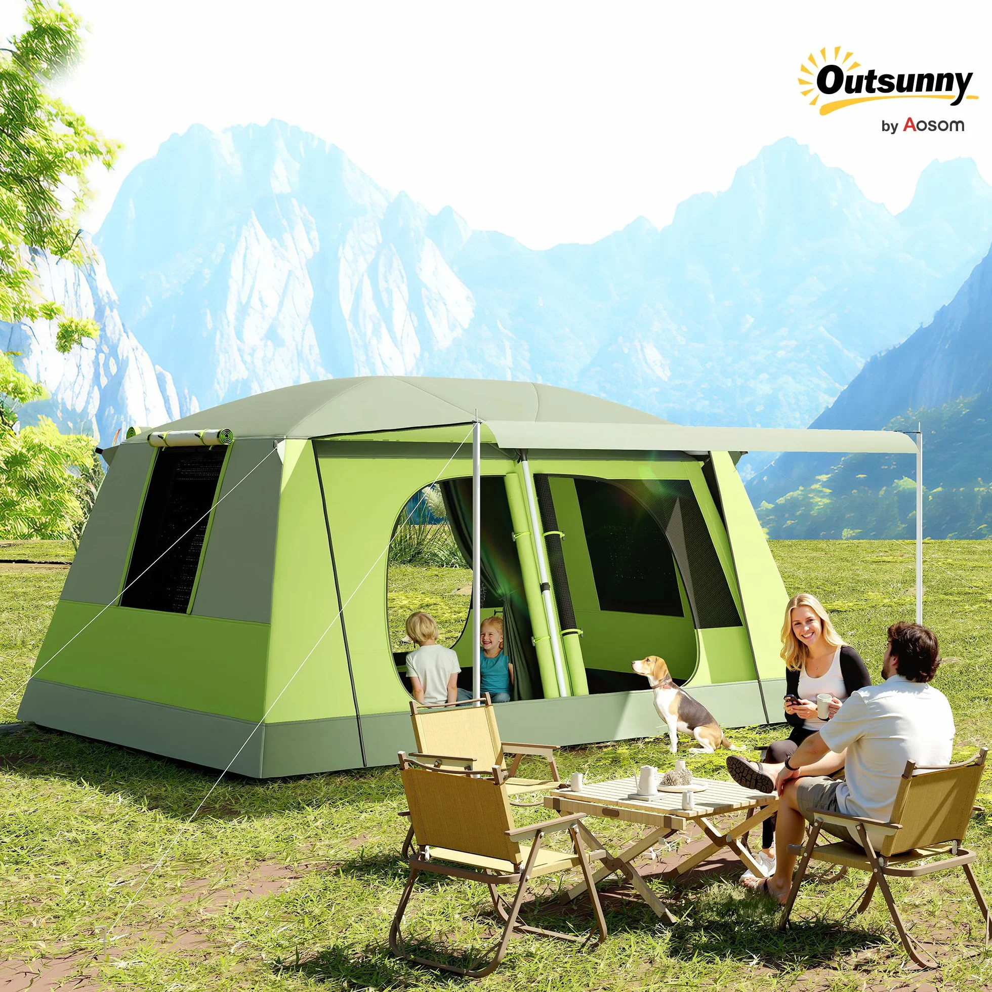 Outsunny Tenda da Campeggio a Tunnel 4 Persone 2 Stanze Impermeabile 3000mm 405x305x225cm Verde