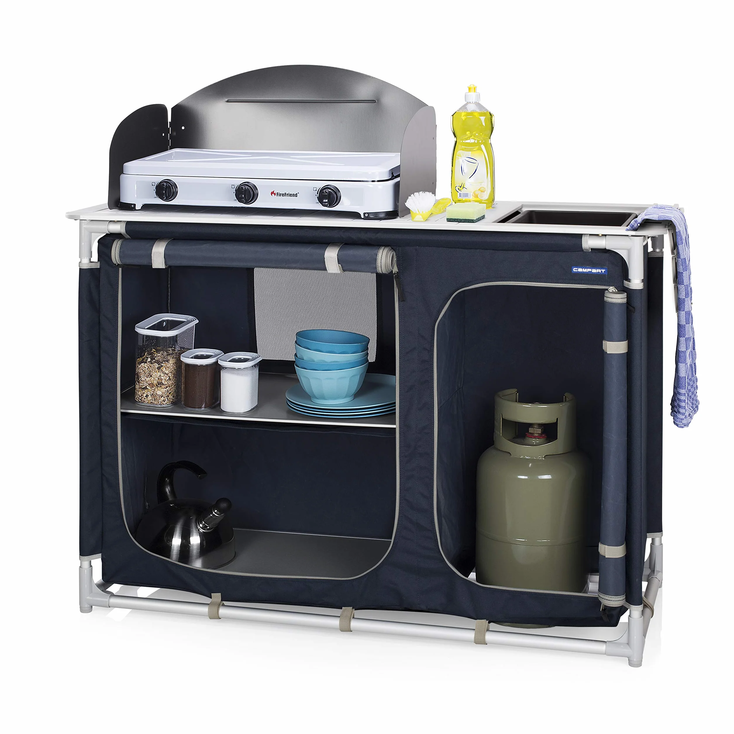 Campart Cucina da campeggio con lavandino e paravento KI-0753 Blu