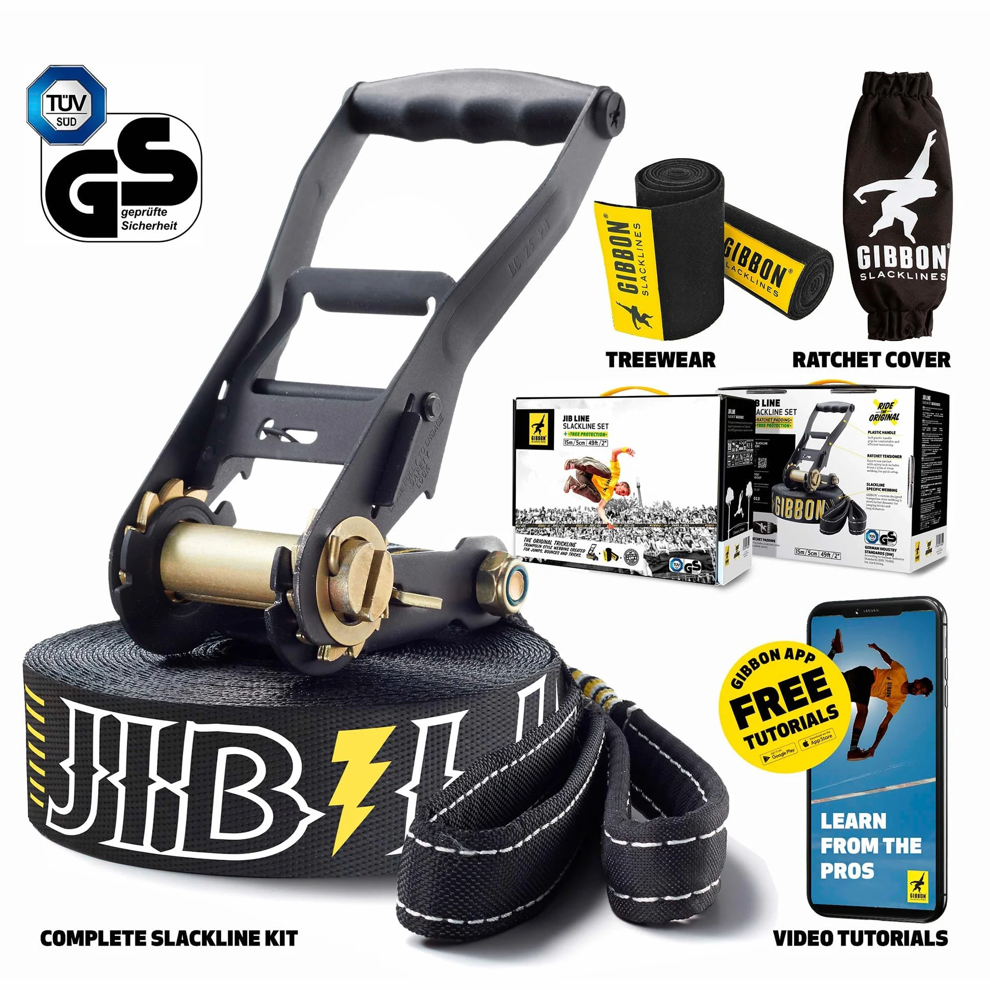 Gibbon Slacklines Jibline Treewear nero 15m 5cm Slackline con cricchetto