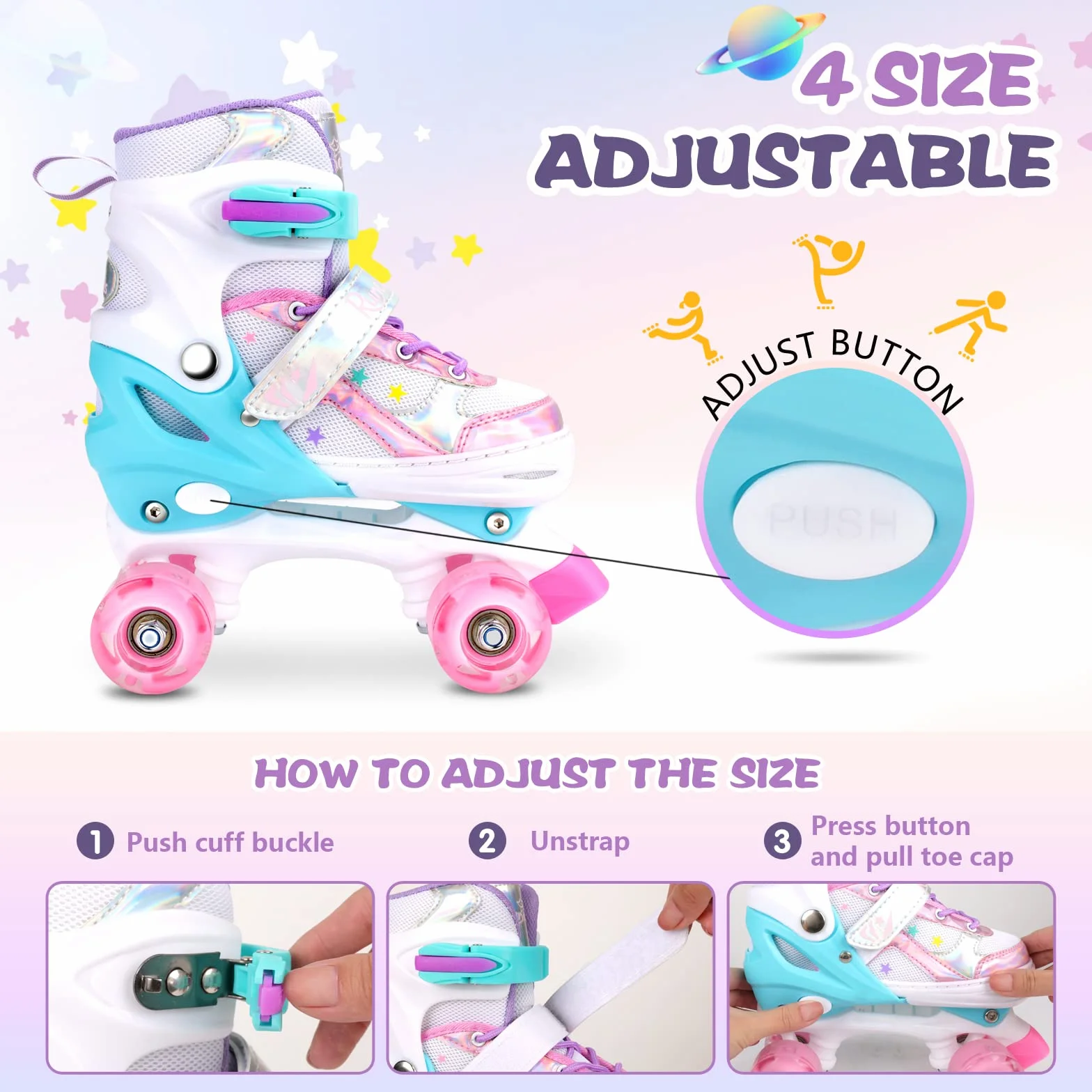 Pattini a rotelle per bambini 4 misure regolabili ruote illuminate