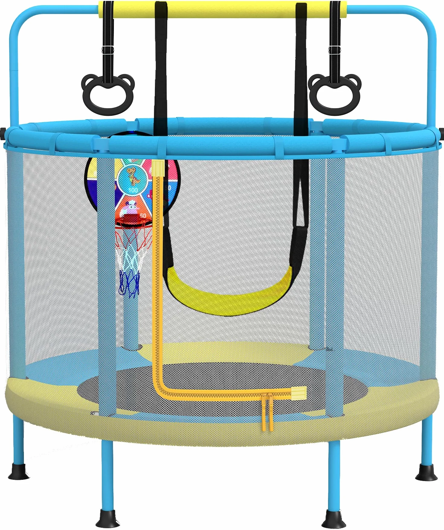 PILIN Trampolino Per Bambini, φ140CM Multifunzionale 4 In 1, Con Altalene, Barre, Cerchi, Canestri Da Basket/Bersagli, Portata 50 Kg, Uso Interno Ed Esterno Del Trampolino Da Giardino