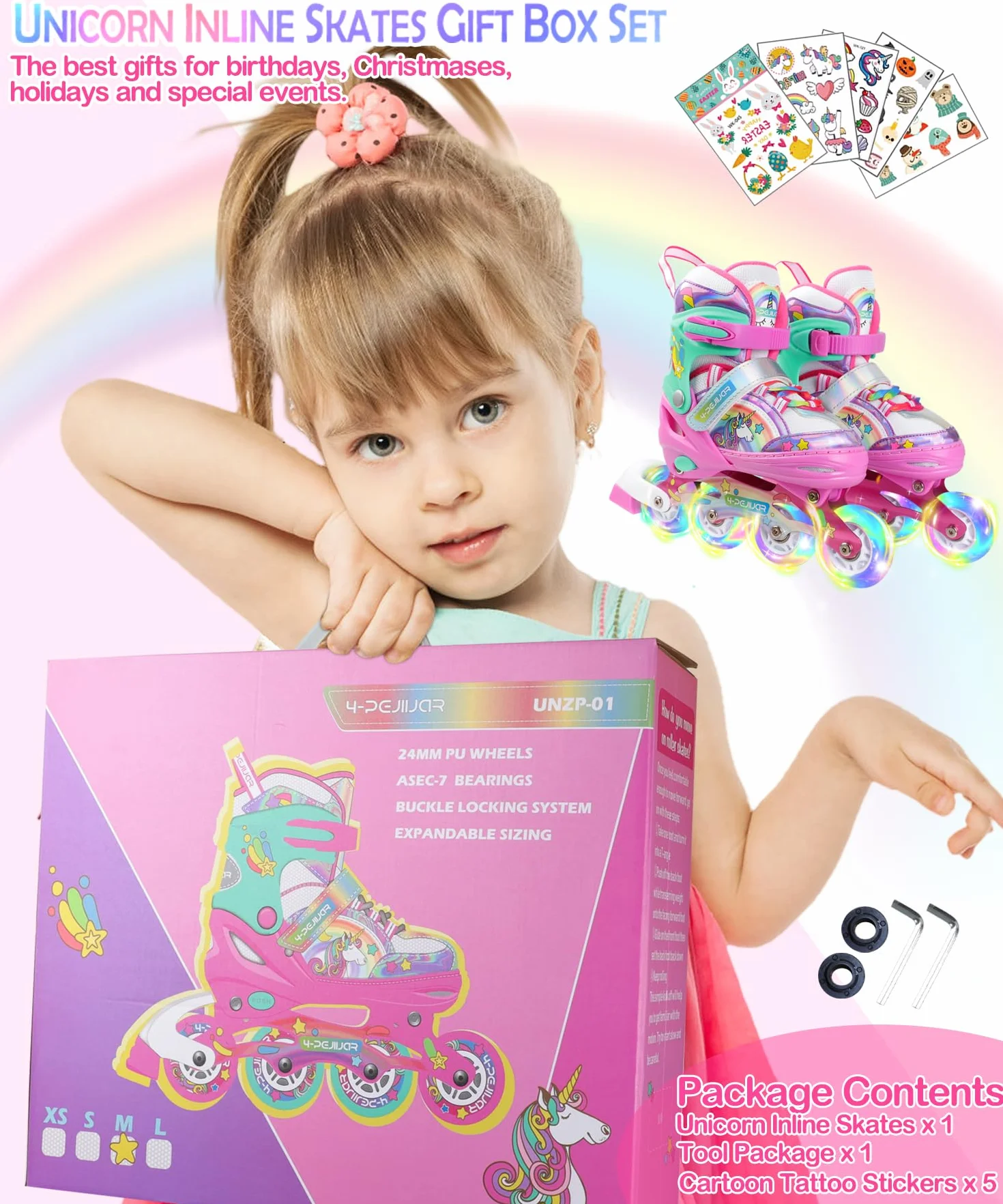Unicorno Pattini in Linea Bambina Regolabili 4 Ruote LED per Principianti Ragazza
