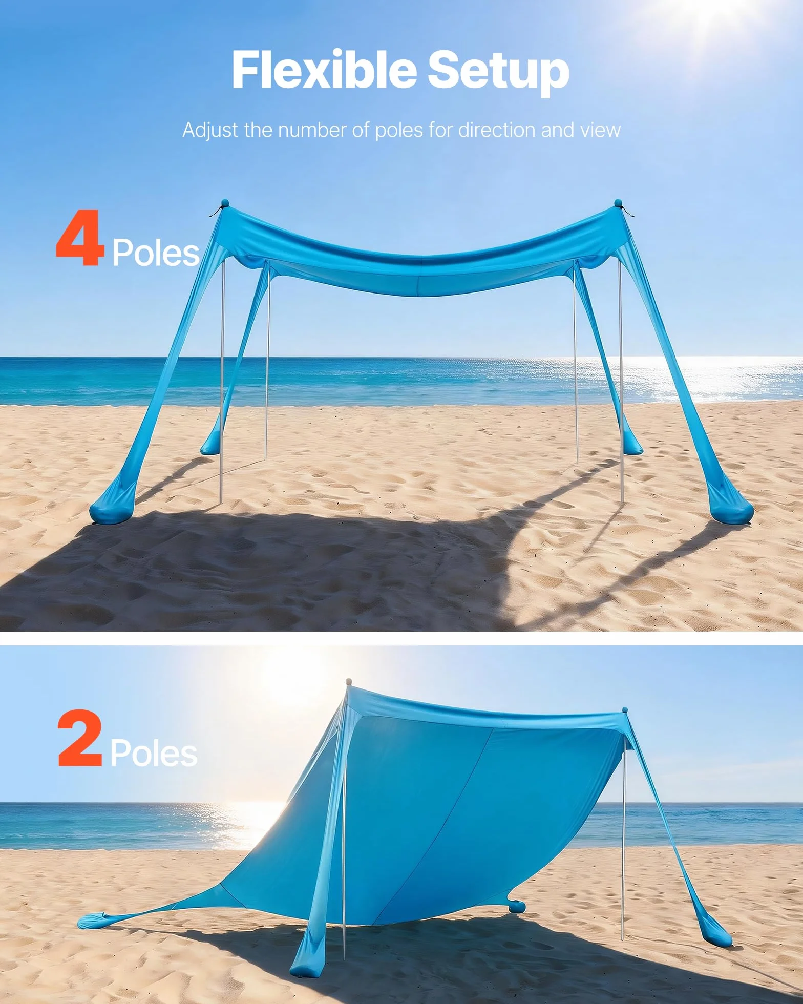 VEVOR Tenda Parasole Portatile da Spiaggia per Esterno Protezione Solare UPF 50+ 3 x 3 x 2 m, Parasole da Spiaggia con Pali di Supporto Ancoraggio Tenda Portatile per Campeggio Viaggio Pesca, Blu