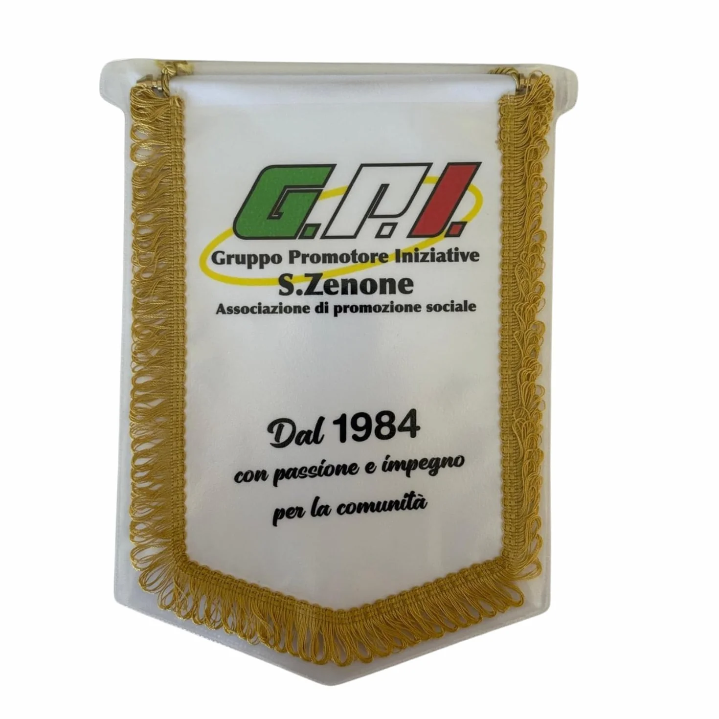 Gagliardetti Personalizzati 20x28 cm con Bordo Dorato in Raso, Cordino, Astina Rigida e Custodia