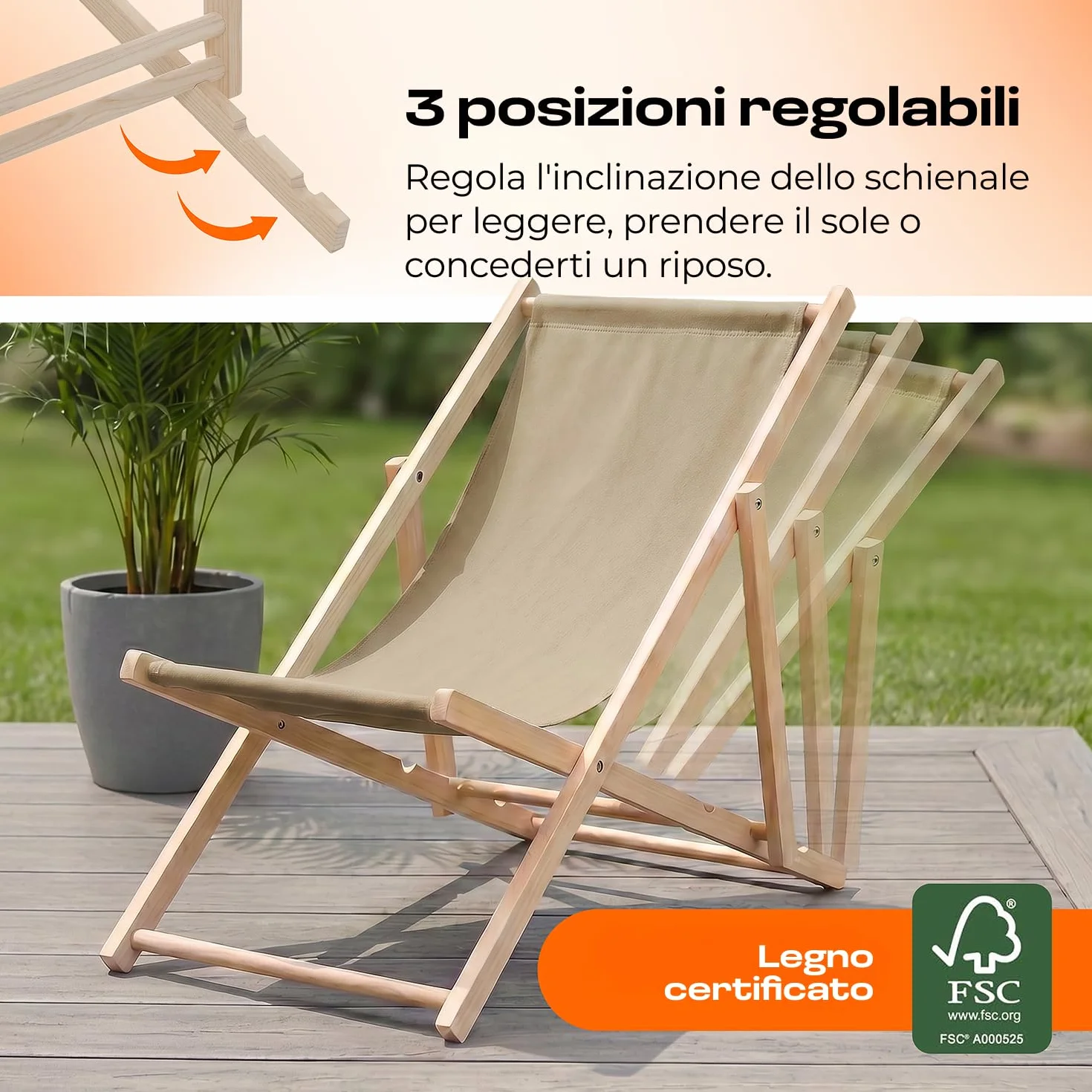Sdraio da Giardino Pieghevole in Legno di Faggio – Lettino Prendisole da Giardino Reclinabile 3 Posizioni, Sedia Sdraio da Esterno fino a 120 kg, Sdraio da Balcone e Spiaggia, Beige
