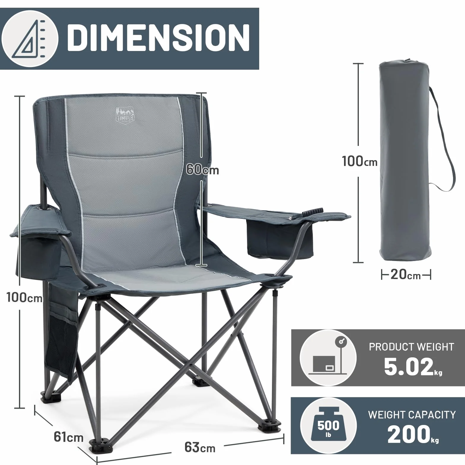 TIMBER RIDGE Sedia da Campeggio Pieghevole 200KG Larghezza Seduta 63cm Imbottito