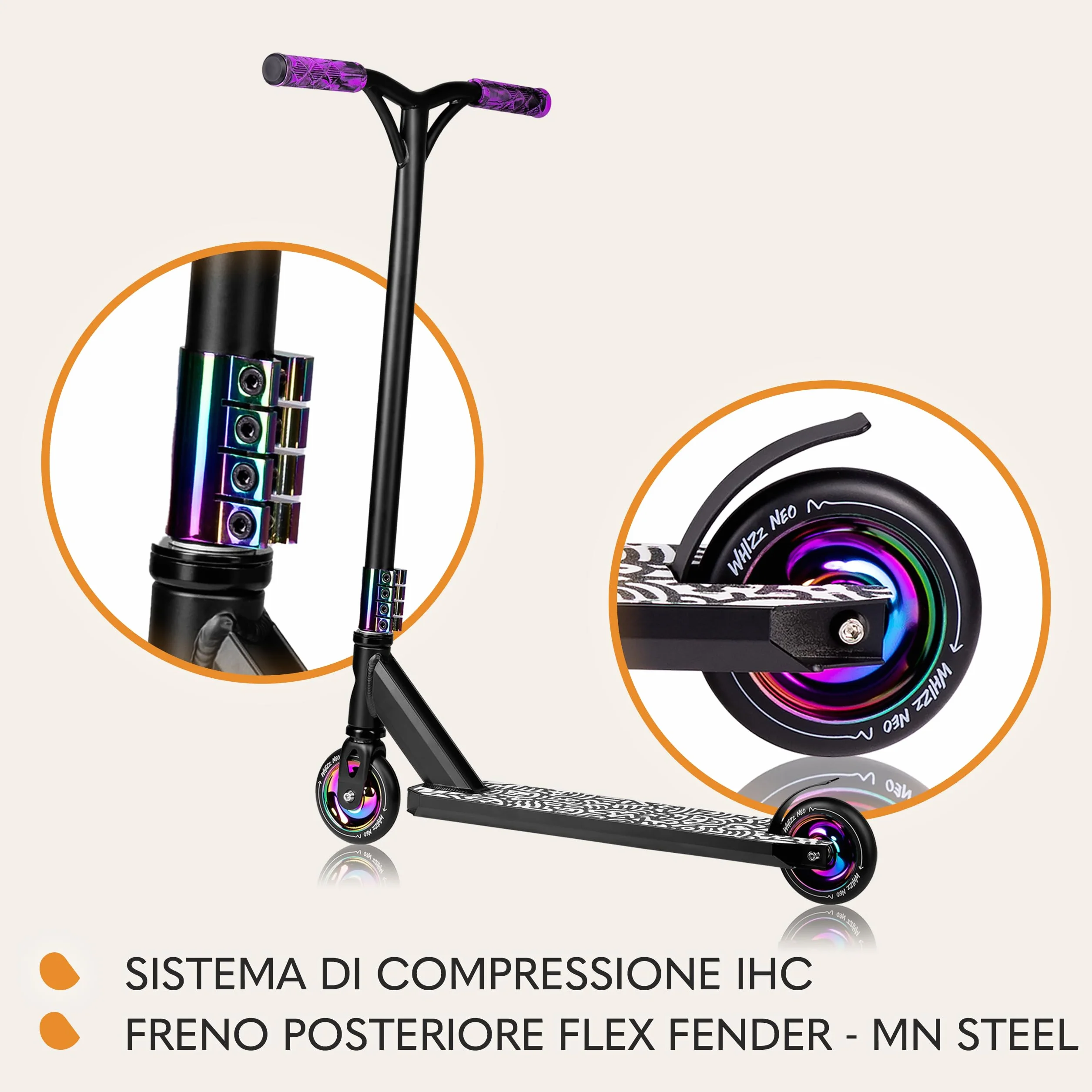LIONELO Whizz Hoverboard Stunt Scooter Freestyle ABEC-9 Aluminium Deck HIC Compression 110mm Wheels T-Bar Handlebar Flex Fender Brake Steel Neon