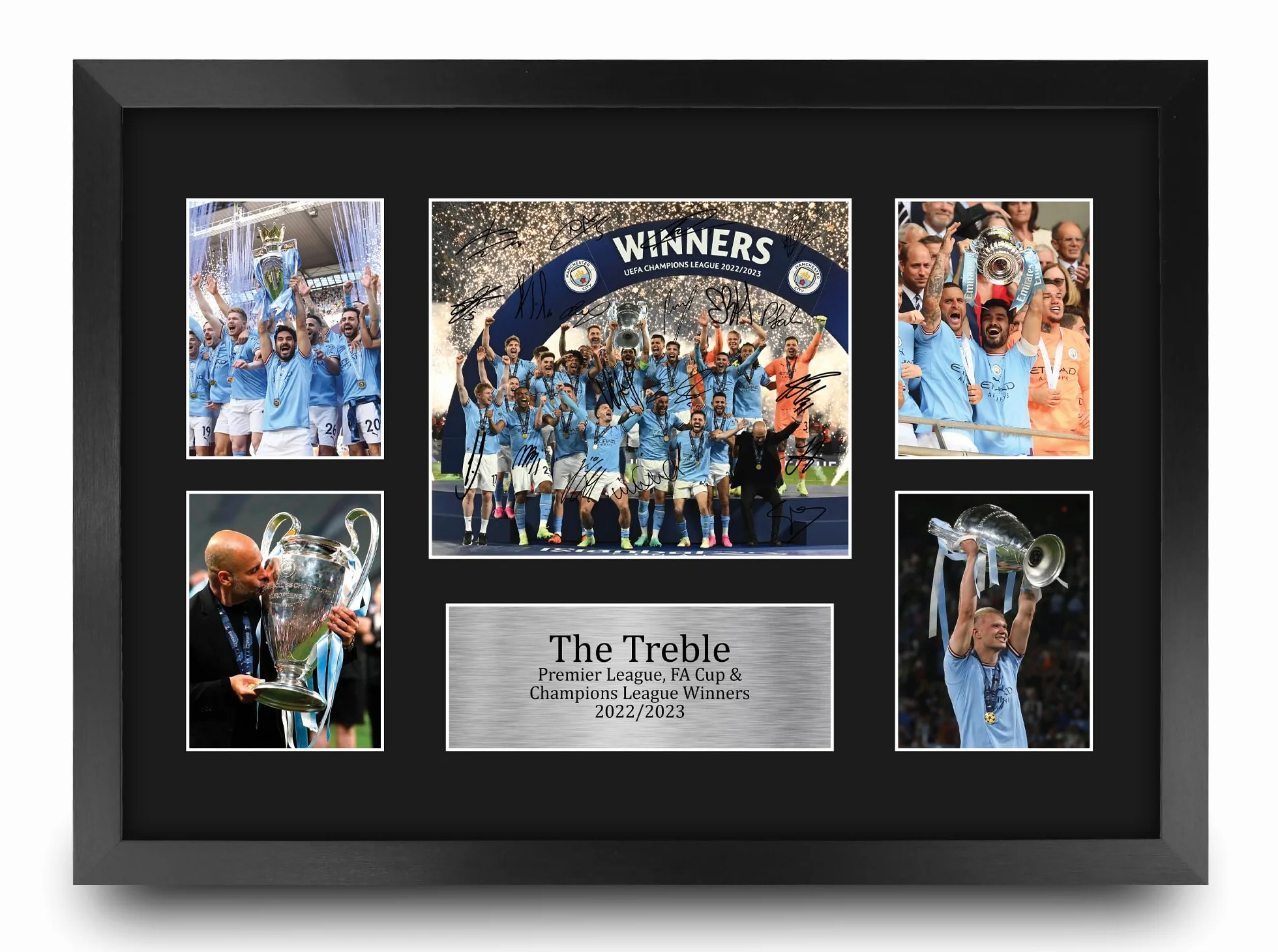 Fotografia autografata Manchester City The Treble A3 cornice FA Cup Champions League 22/23