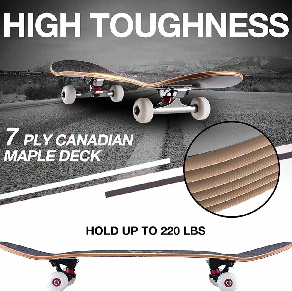 Skateboard standard da 31 pollici, superficie in acero a 7 strati, adatto a bambini, adolescenti, adulti, principianti e professionisti, con un carico massimo di 150 kg