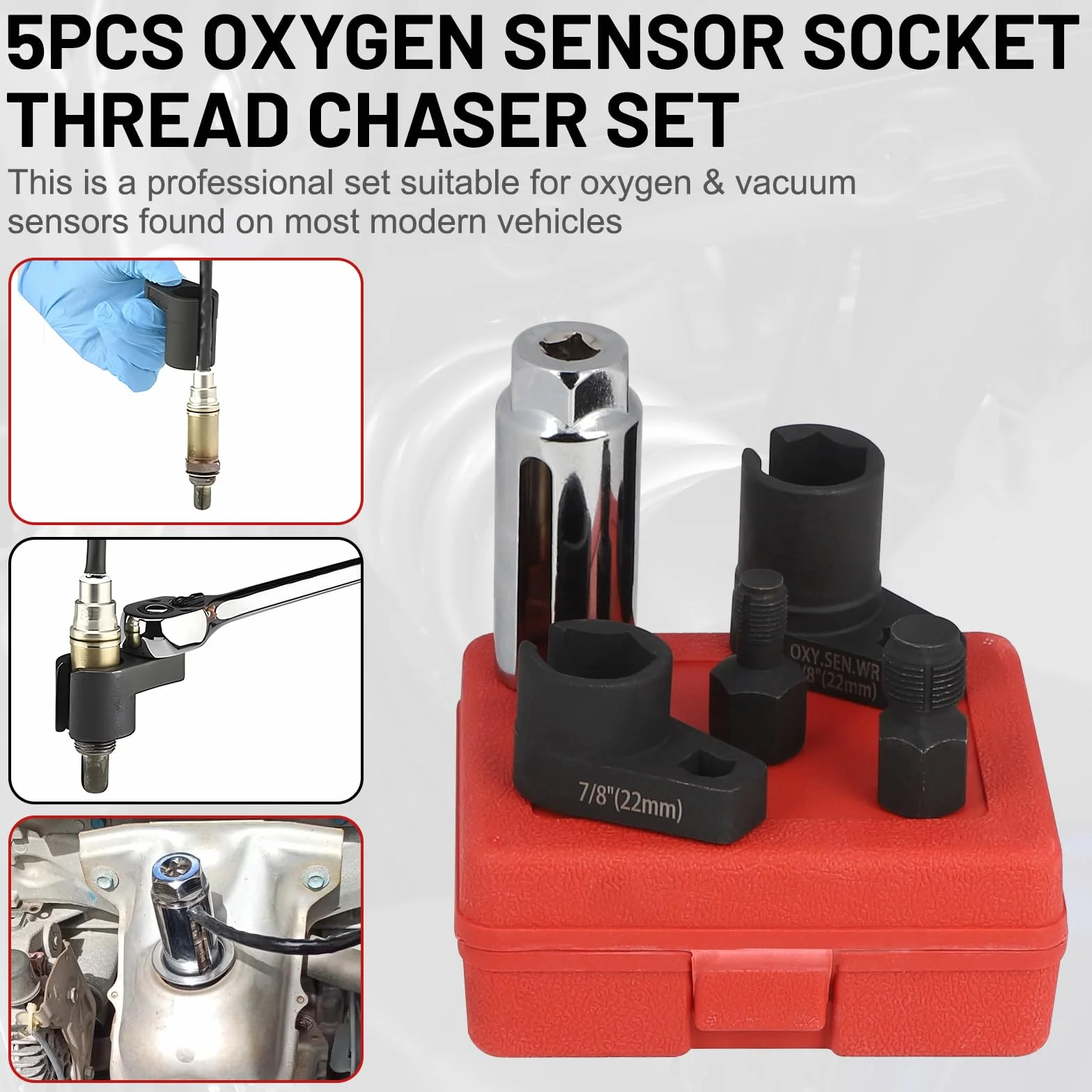 Set 5 Chiavi per Sonde Lambda 22mm, Emulatore Sonda Lambda, Riparazione Filettatura, Attacco 3/8 e 1/2 Pollici