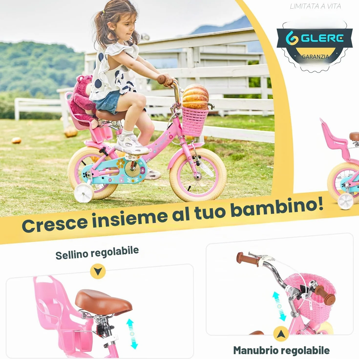 Glerc Bicicletta bambine 40,6 cm 2-7 anni con cestino ruote campanello colori assortiti