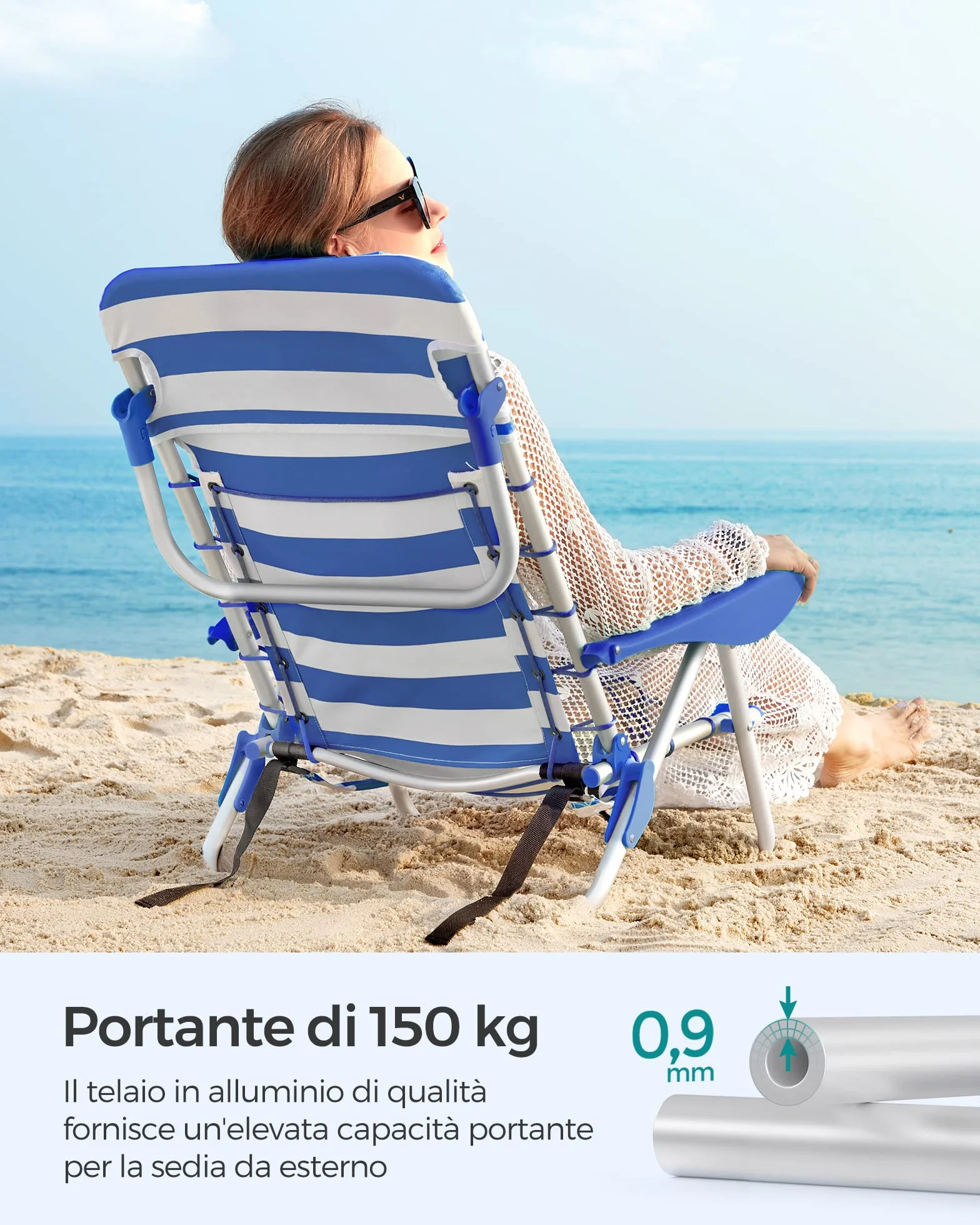 SONGMICS Sedia da spiaggia, sedia da campeggio pieghevole, con tracolla, schienale regolabile, poggiatesta, bracciolo, 2 tasche laterali, blu e bianco GCB62BU
