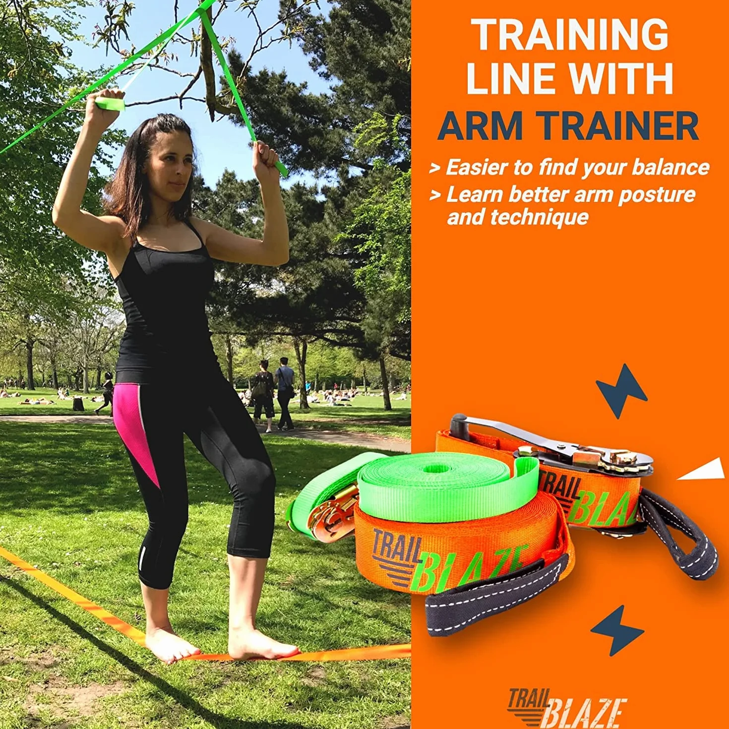 Slackline Kit completo per principianti Cinghia di apprendimento protezioni per albero borsa per il trasporto tecnologia cricchetto impugnatura ergonomica