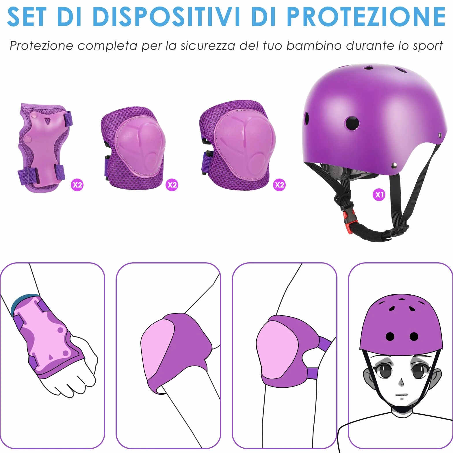 ZWOOS Protezioni Skateboard Bambino,Protezioni Bici Bambino con Casco Regolabile Ginocchiere Gomitiere, Protezioni Skateboard Bambini per Skateboard,Bicicletta,Pattinaggio, Monopattino (viola)