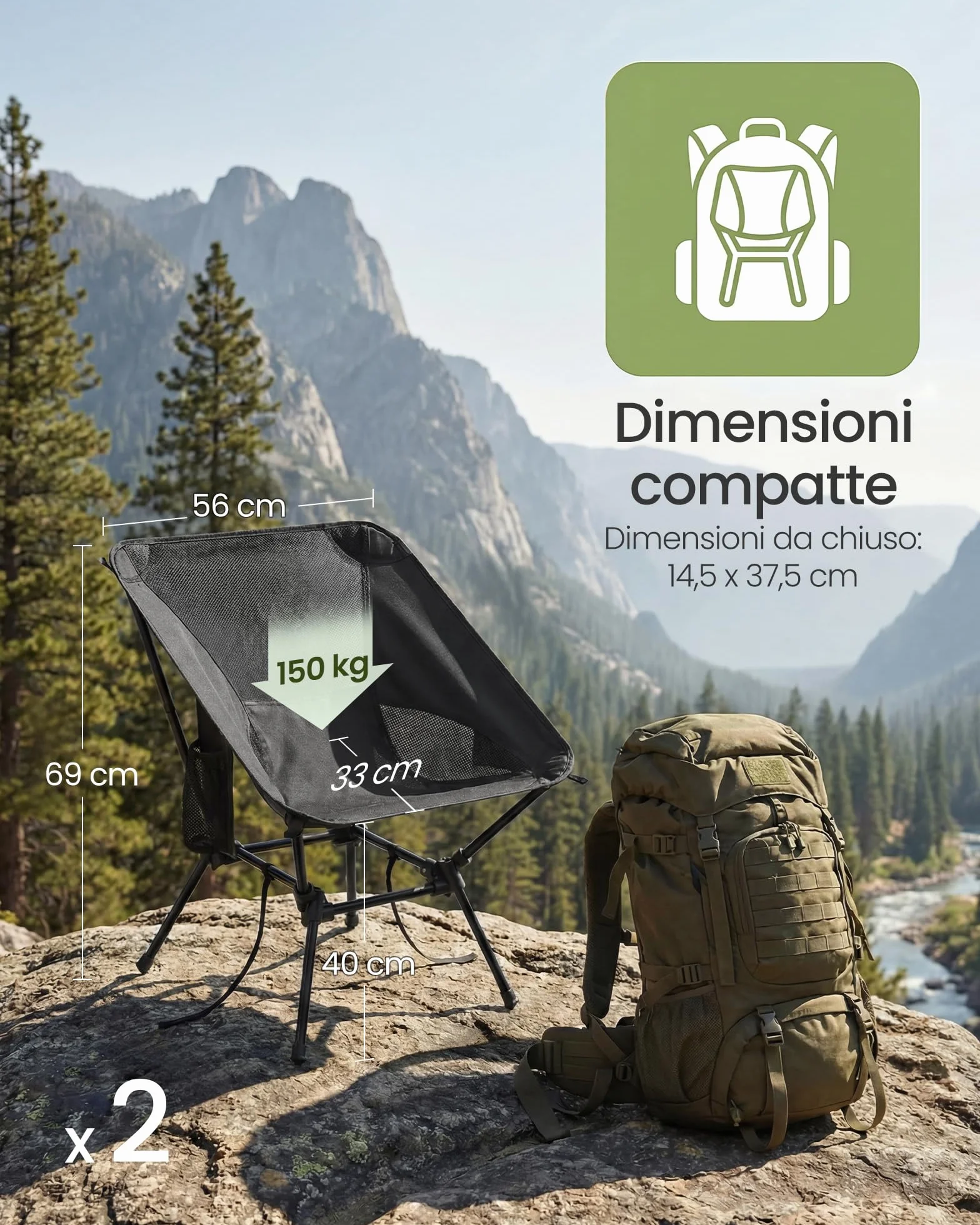 SONGMICS Sedie da Campeggio Regolabili, Set di 2, Acciaio, Portata 150 kg, Nero