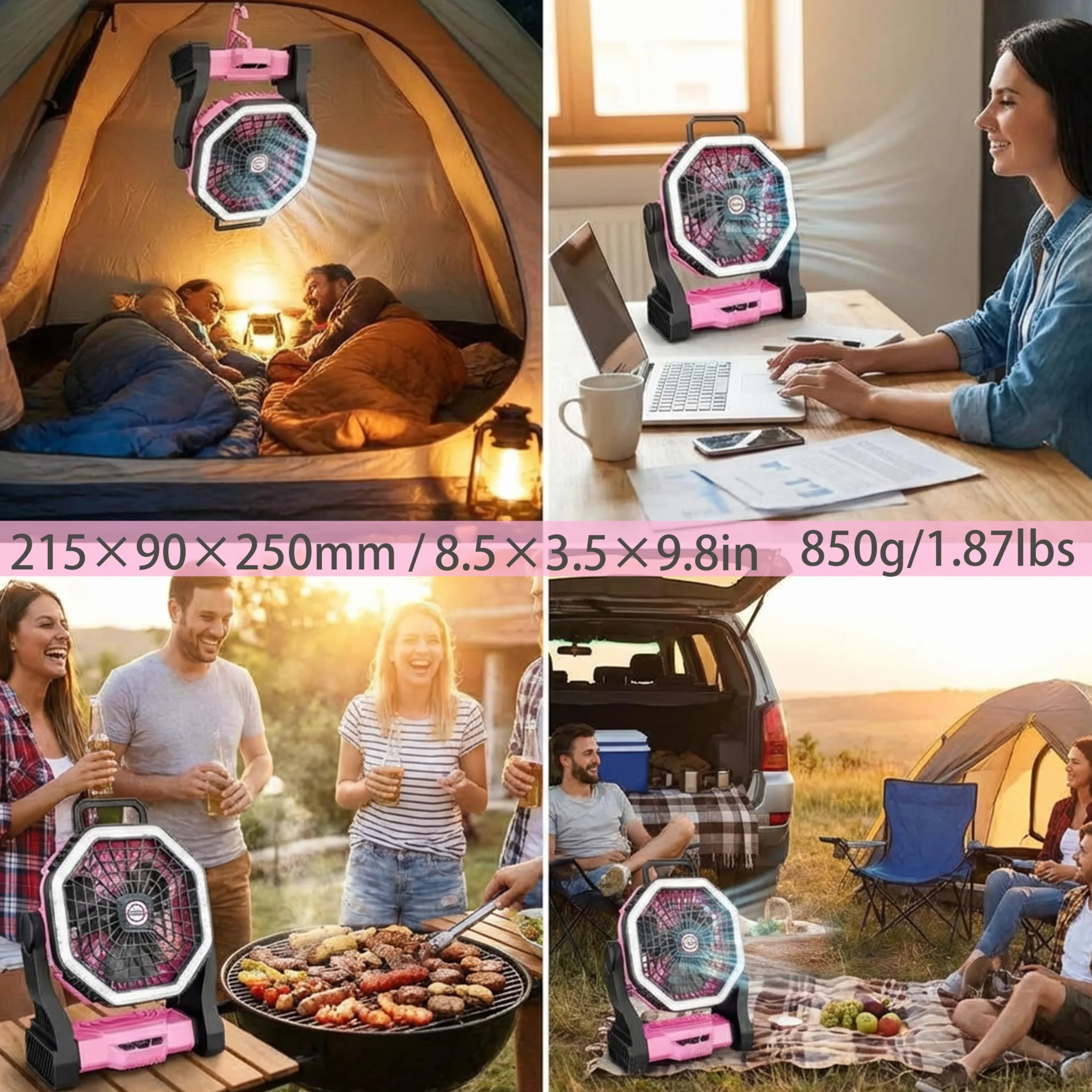 Ventilatore da Campeggio LED Portatile, 2-in-1 Ricaricabile, 4 Impostazioni di Velocità, Batteria da 10000mAh, 3 Modalità di Luce (Rosa)