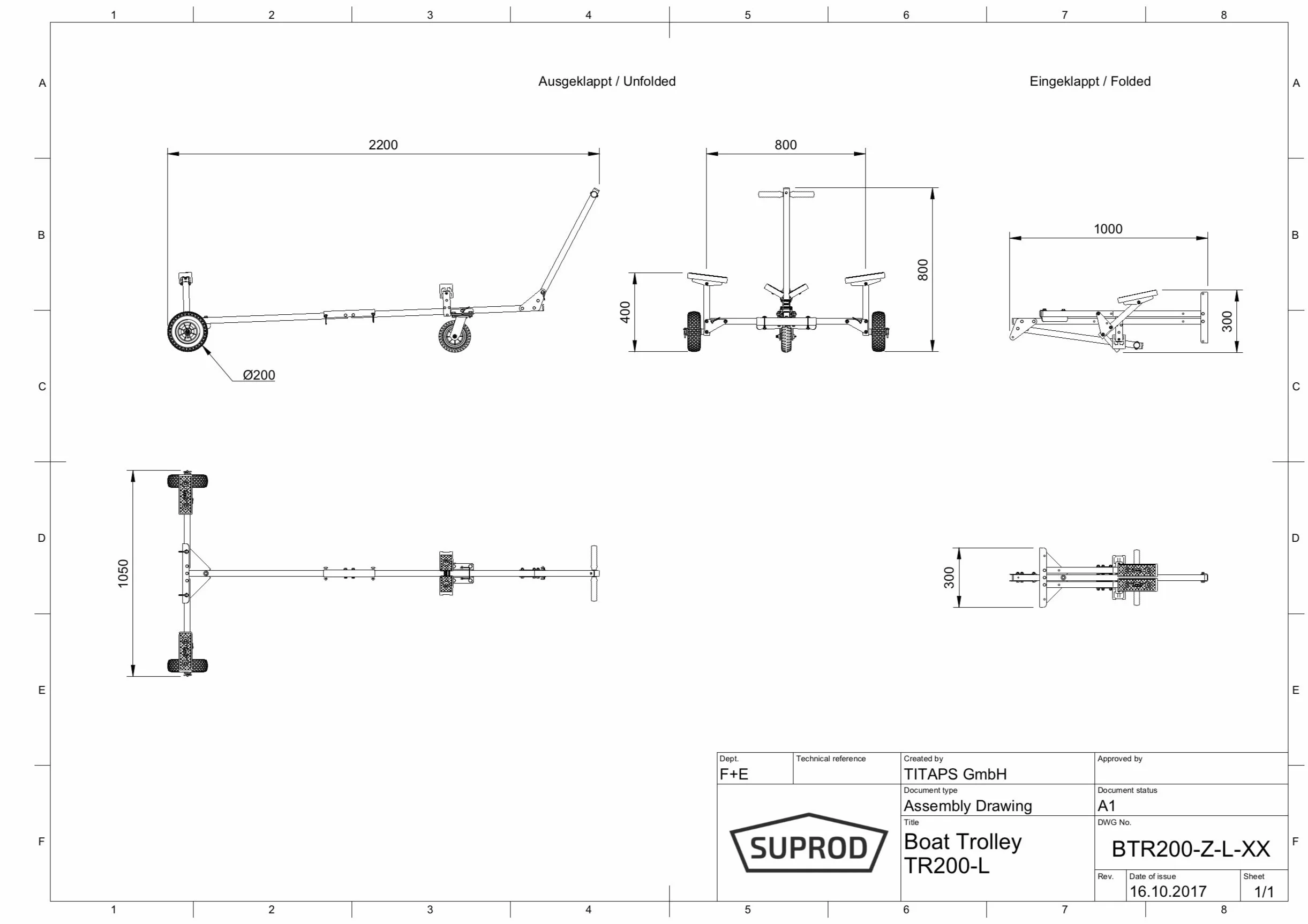 Carrello alaggio Pieghevole per Barca SUPROD TR200, PU, Ø 200 mm
