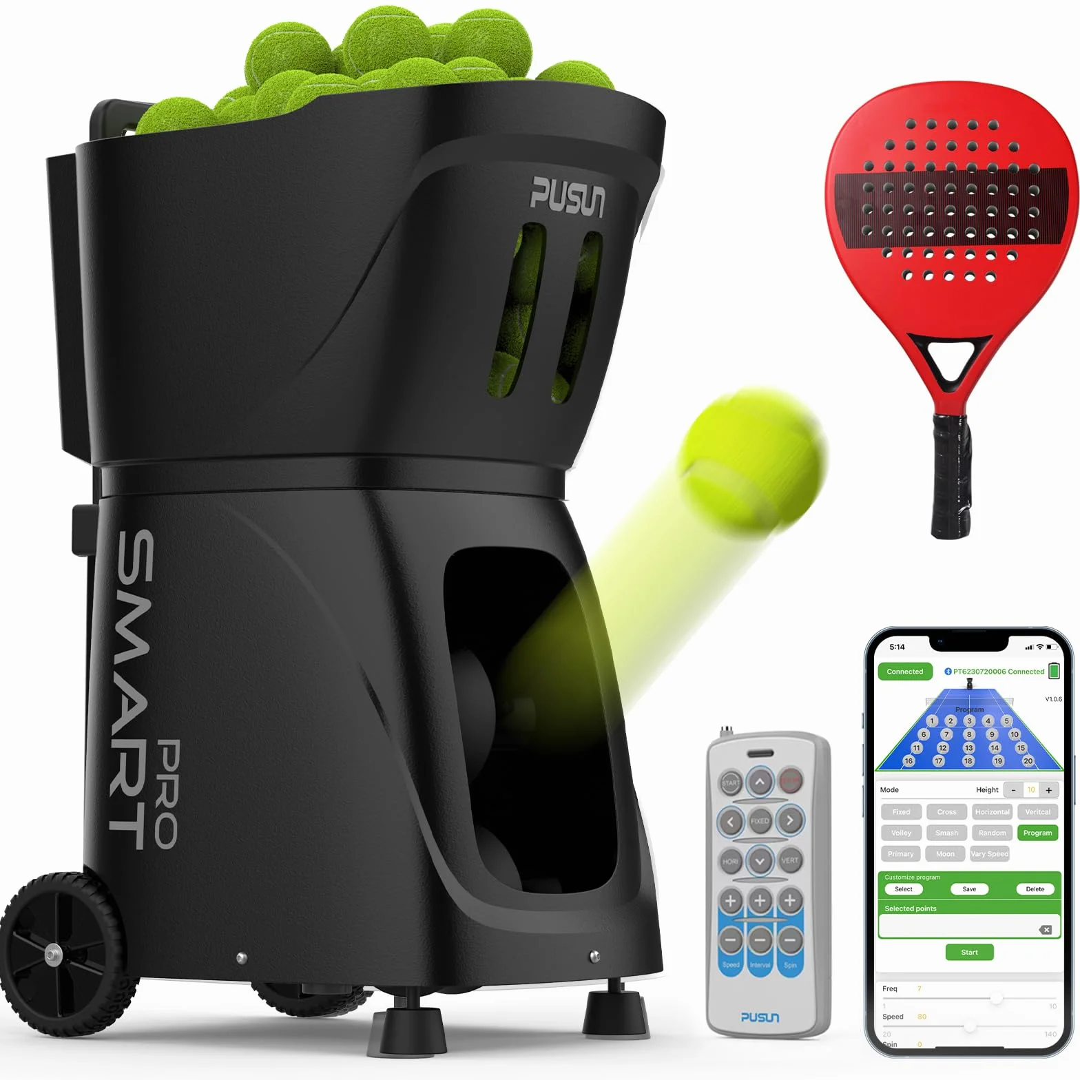 PT Smart PRO Padel Ball Machine, App-Controlled, Portable Ball Launcher, 20 Landing Points, 3-40m Range