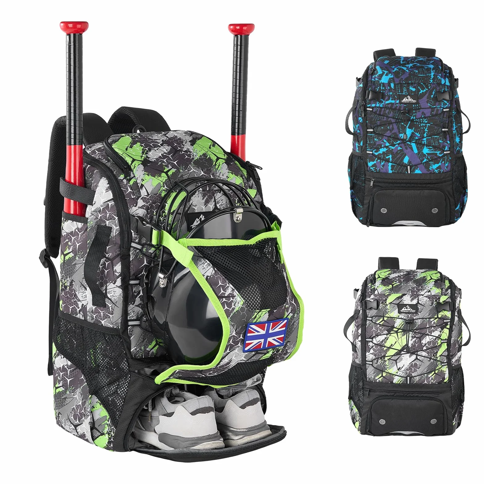 POWER KING 45L Youth Baseball Bat Bag, Large Capacity Backpack for Baseball, T-Ball & Softball Equipment & Gear with Shoe Compartment | Fence Hook | Helmet Holder