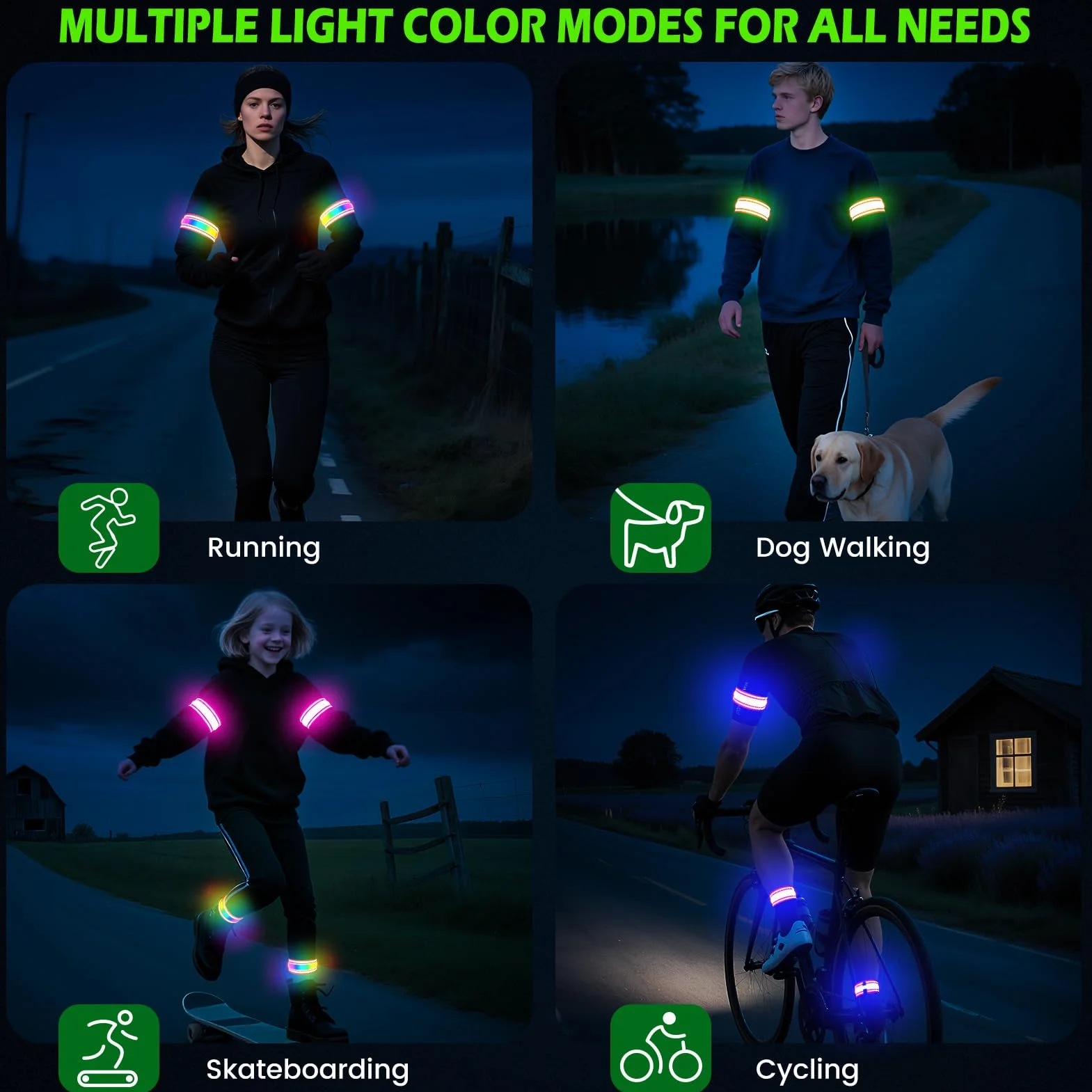 LED Bracciale Riflettente 2 Pezzi, Fascia Braccio Running, 5 Colori 3 Modalità Illuminazione Ricaricabile